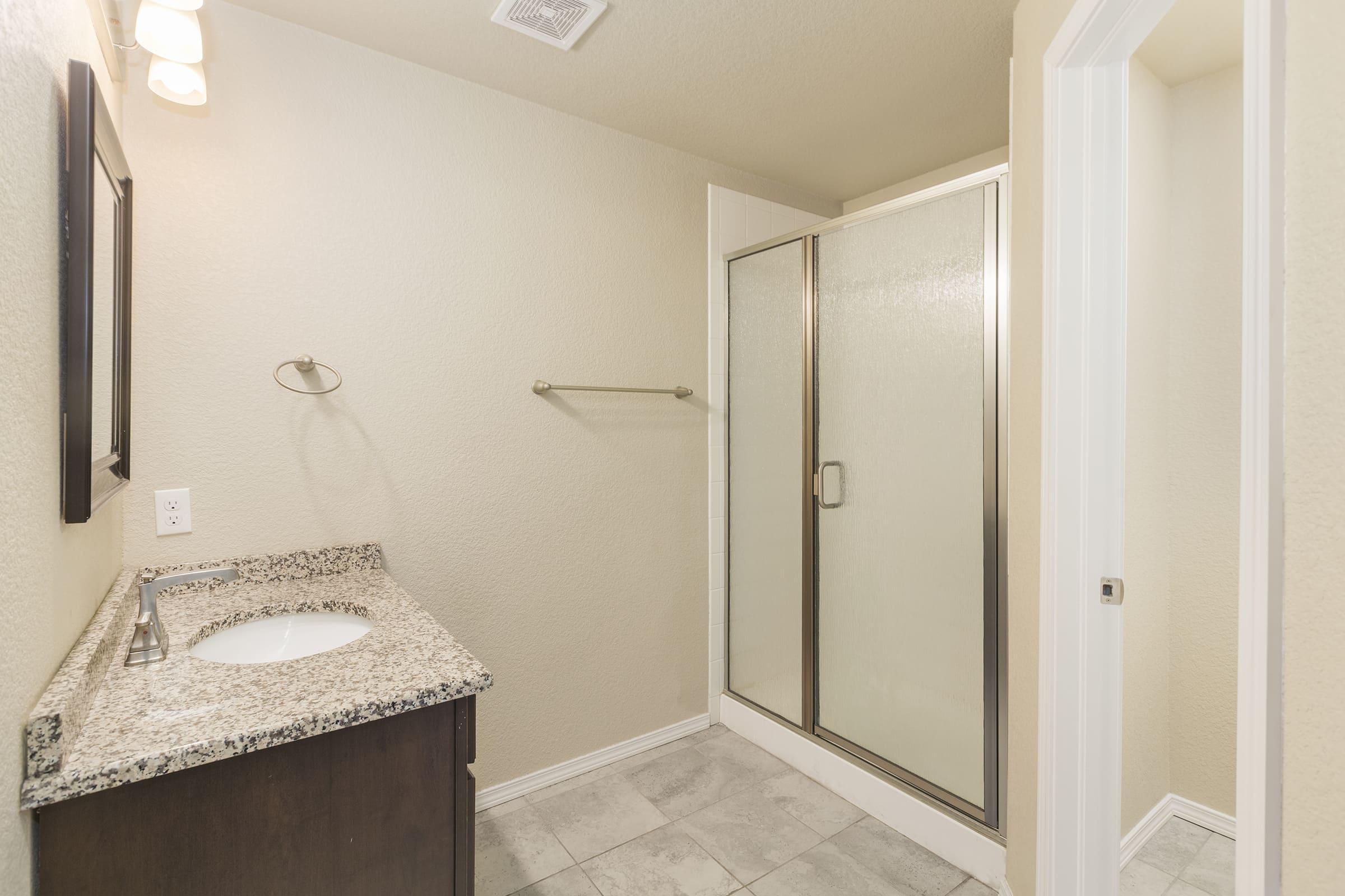 a shower that has a sink and a mirror