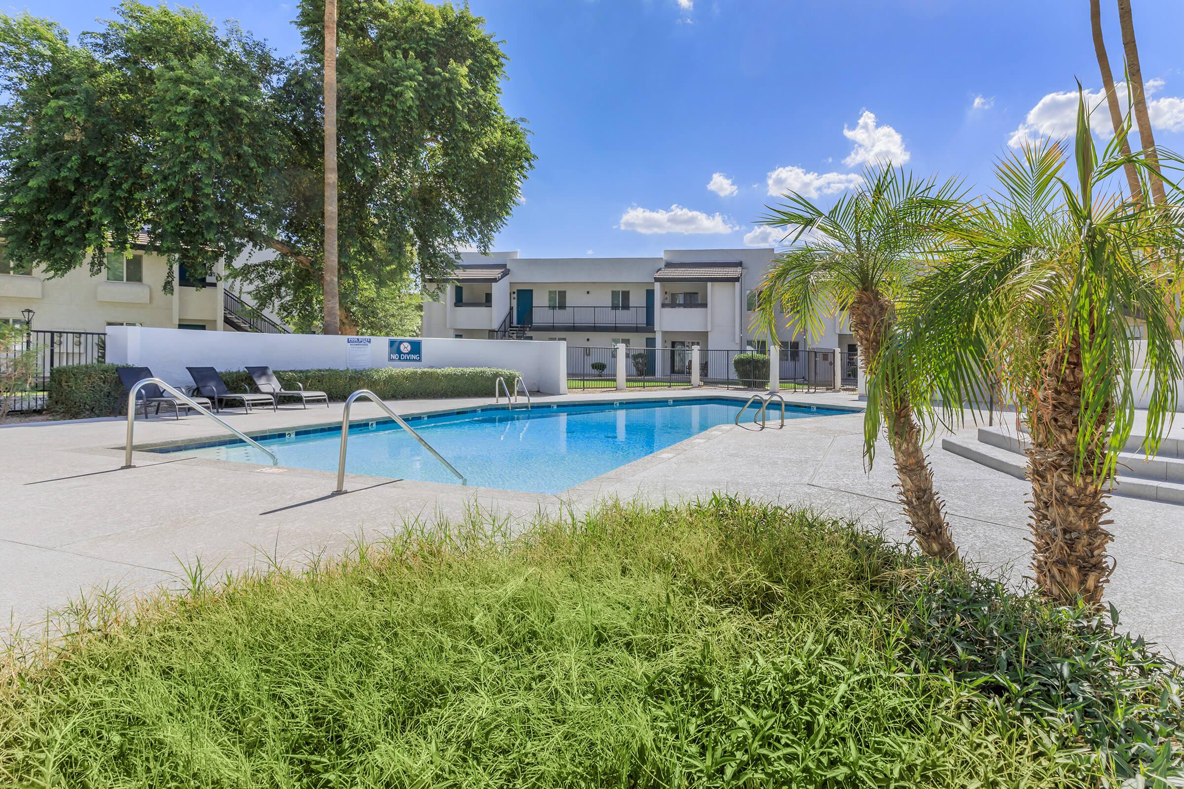 A clear blue swimming pool surrounded by palm trees and lush green landscaping, located in a well-maintained apartment complex. The pool area features lounge chairs and is complemented by a bright blue sky with scattered clouds in the background.