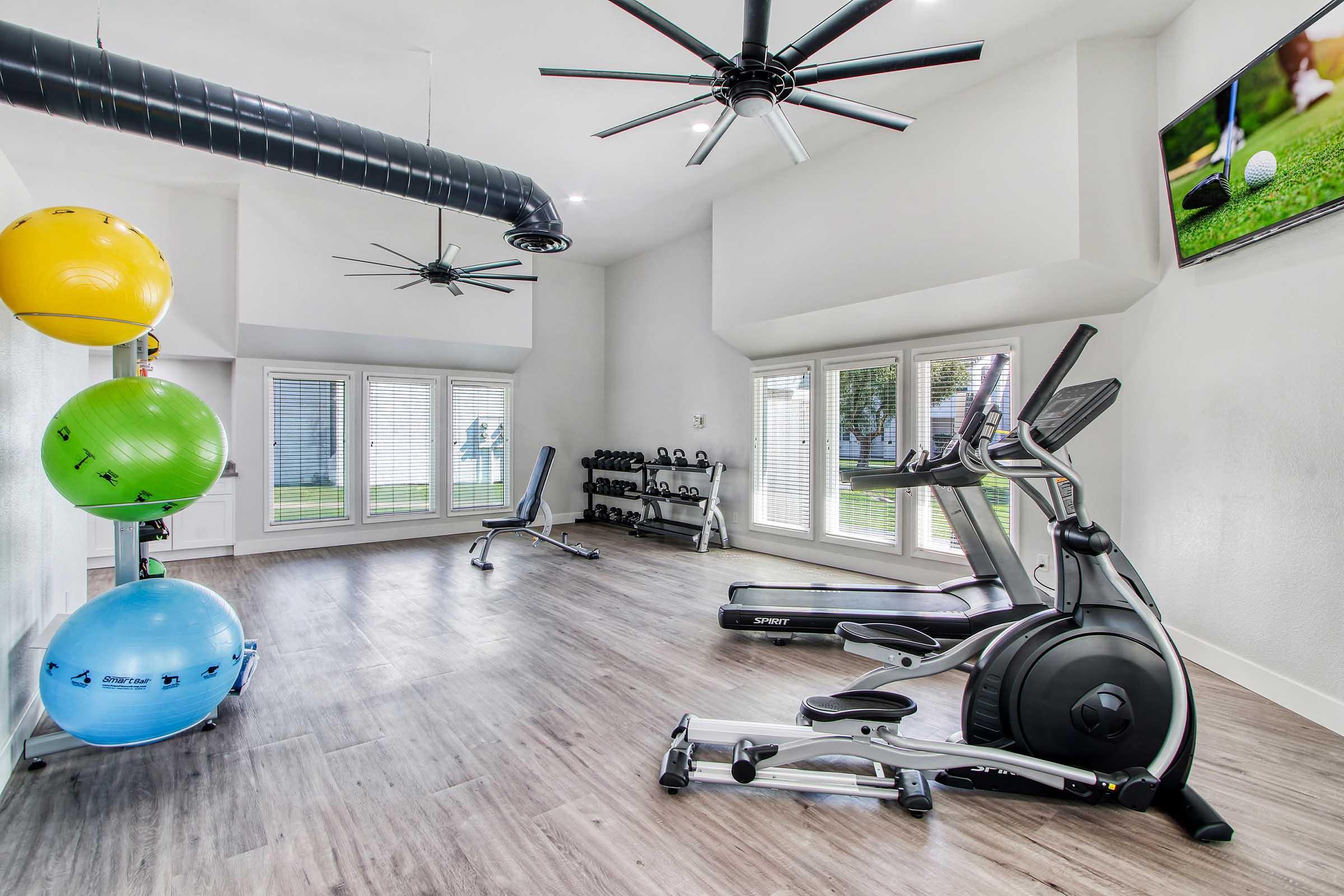 A spacious home gym featuring exercise equipment including an elliptical machine, weights, and stability balls in various colors. Large windows provide natural light, and ceiling fans help with ventilation. A television is mounted on the wall, adding to the workout environment.