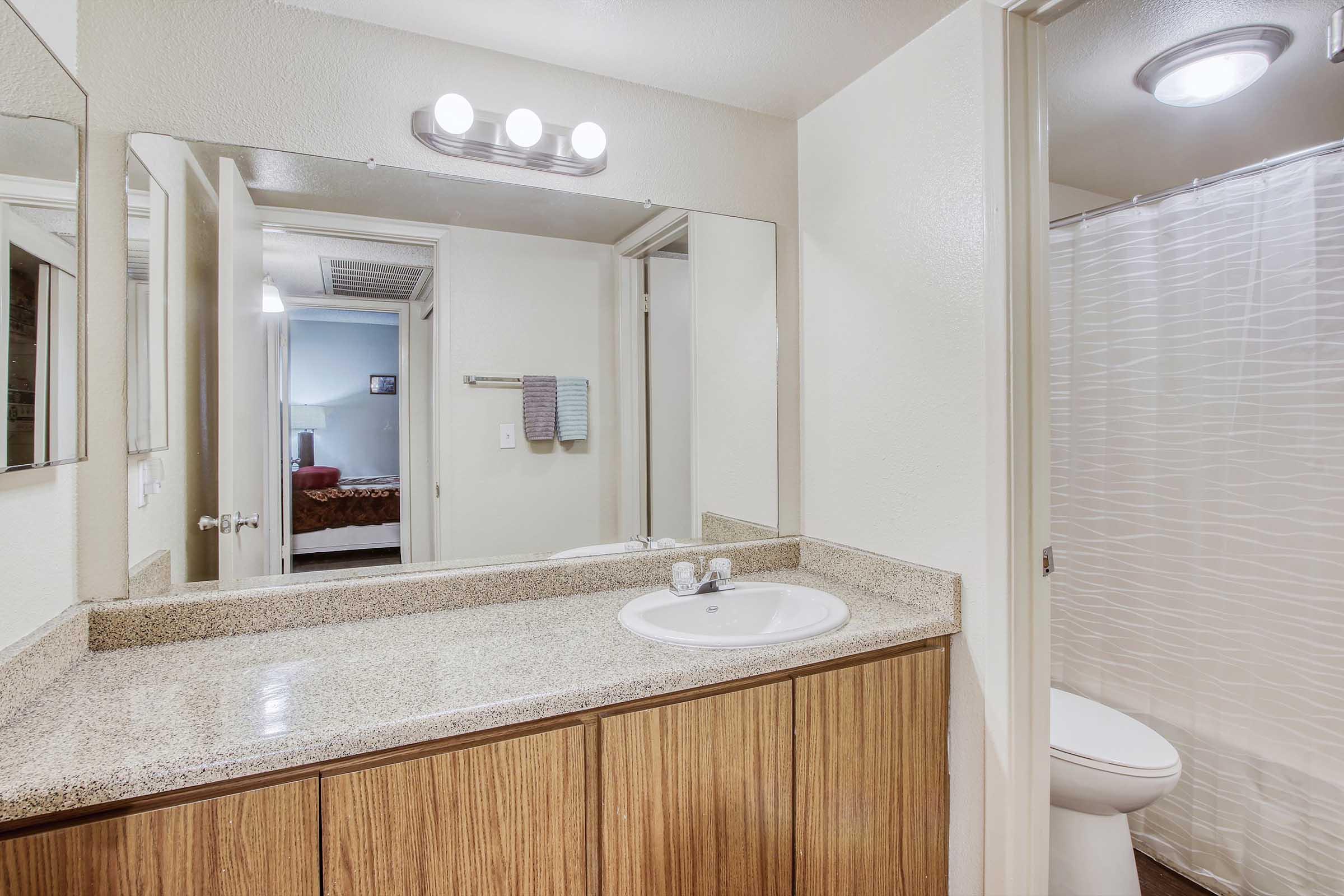 A modern bathroom featuring a granite countertop with a sink, a large mirror, and wooden cabinets. In the background, a shower with a white curtain is visible. The room is well-lit with overhead lighting, and a towel rack with a gray towel is mounted on the wall.