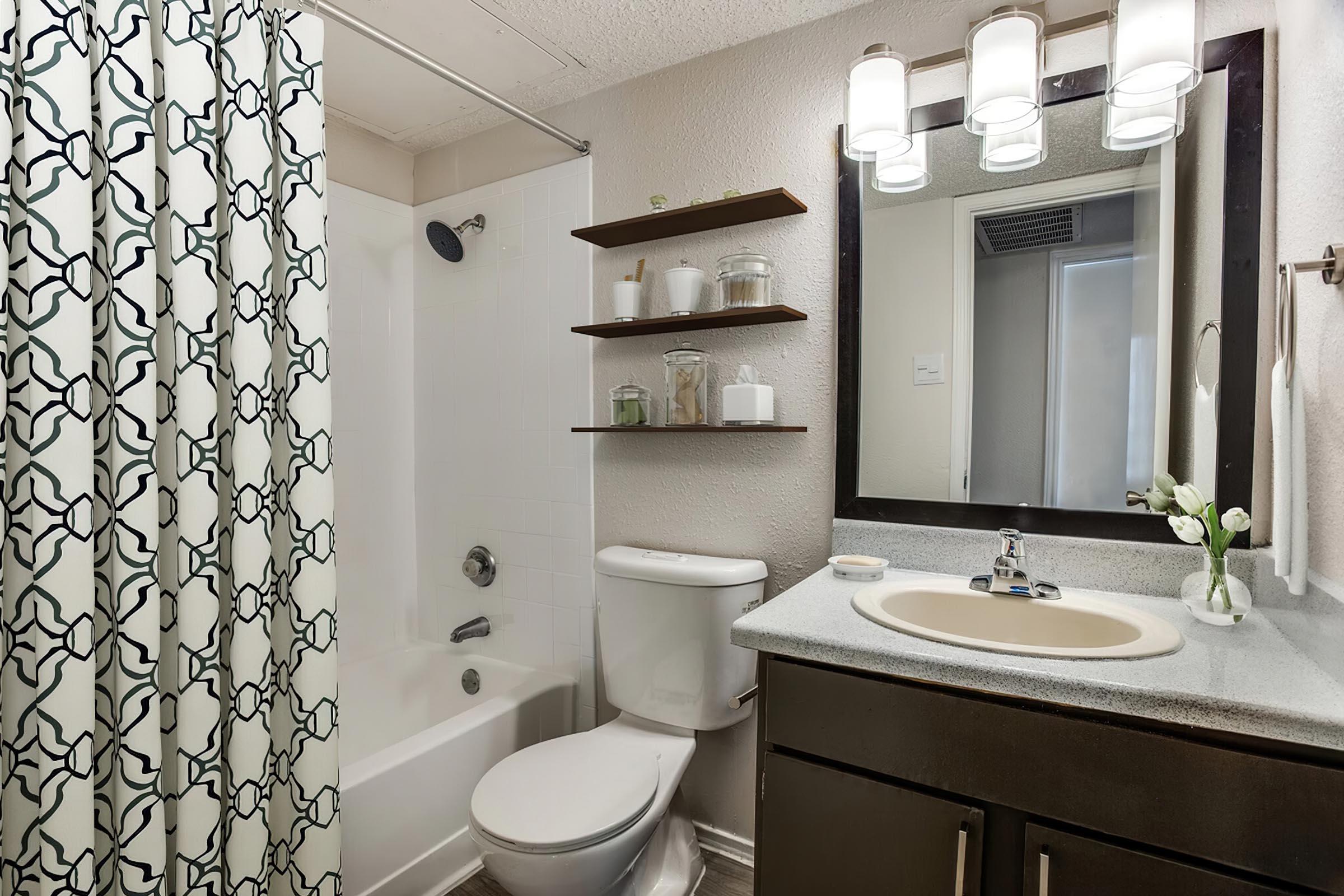 a shower that has a sink and a mirror