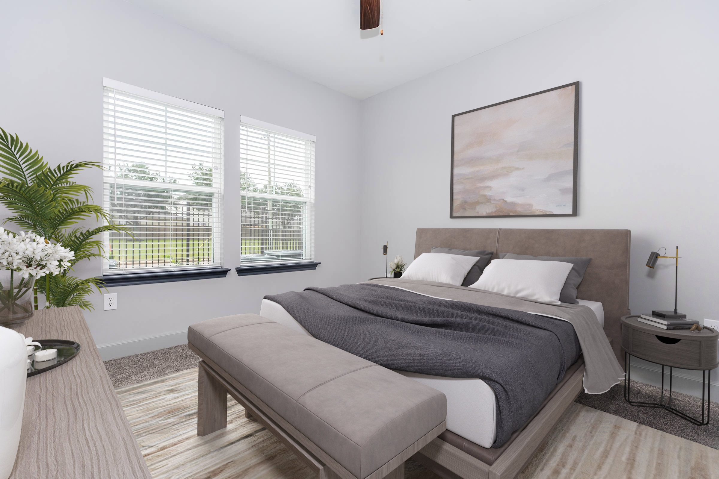 a living room filled with furniture and a large window