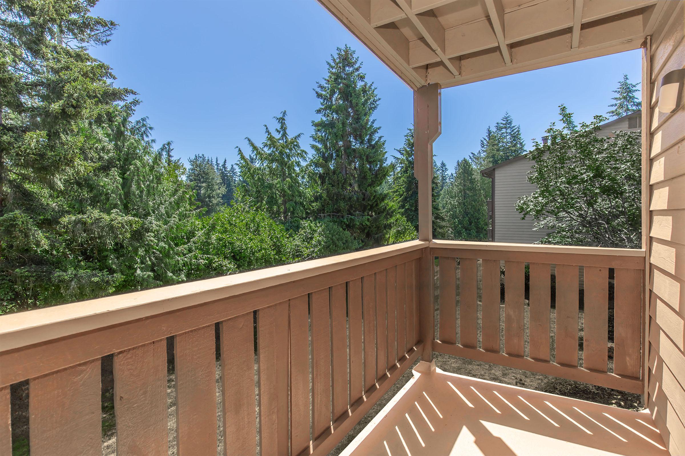 A balcony view surrounded by tall green trees. The wooden railing and floor cast shadows from the overhead structure. Clear blue sky in the background, suggesting a sunny day.