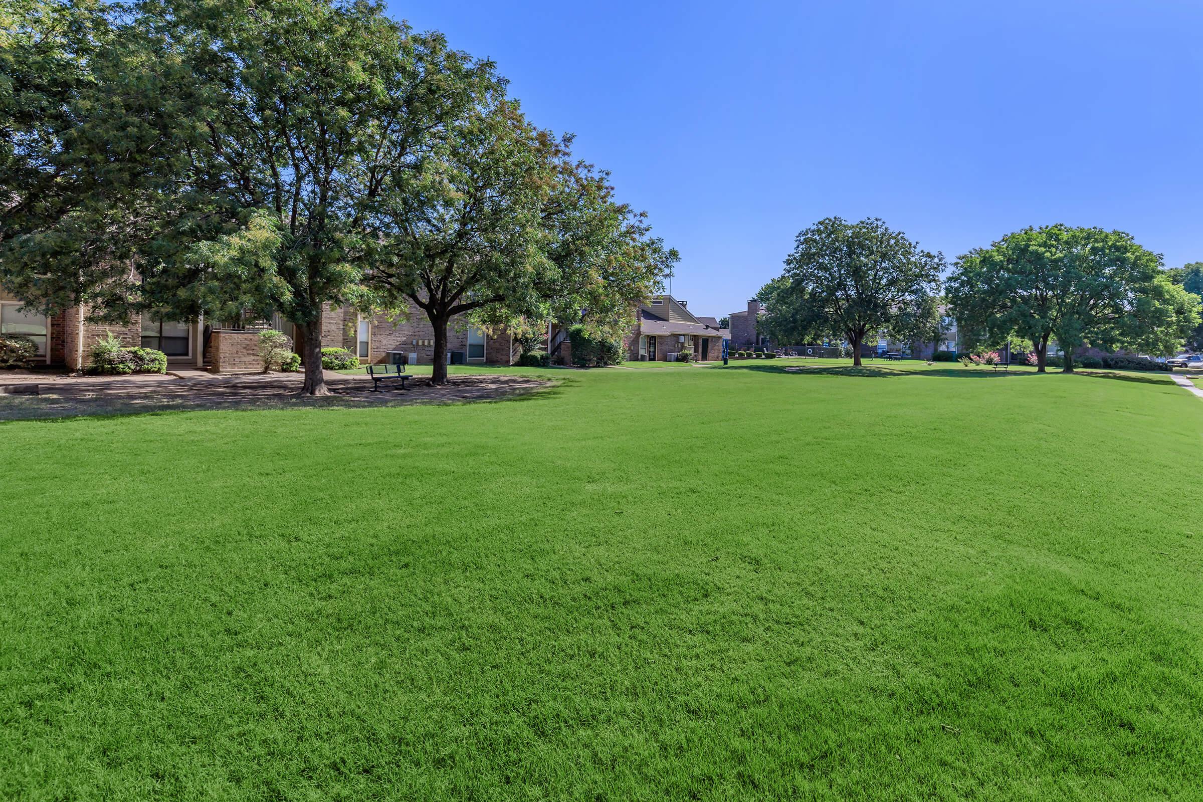 A bright green lawn surrounded by trees on a clear blue sky day, with a residential building visible in the background. The scene is peaceful and well-maintained, showcasing a vibrant landscape ideal for outdoor activities.