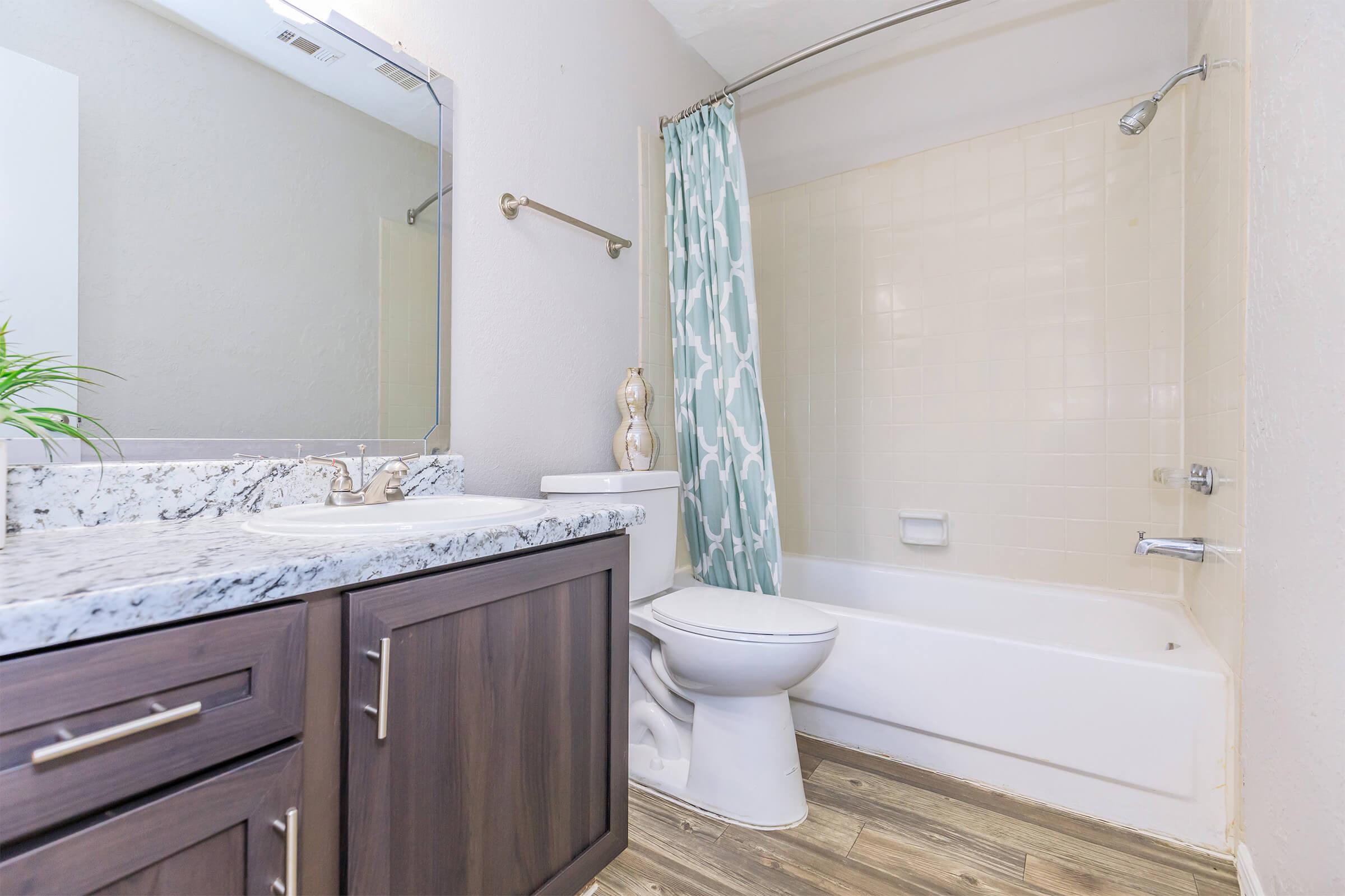 A clean bathroom featuring a bathtub with a shower curtain, a modern sink with a granite countertop, and a toilet. The walls are a light color, and there is a mirror above the sink. A small plant adds a touch of decor to the space. The flooring is wood-like, enhancing the overall aesthetic.