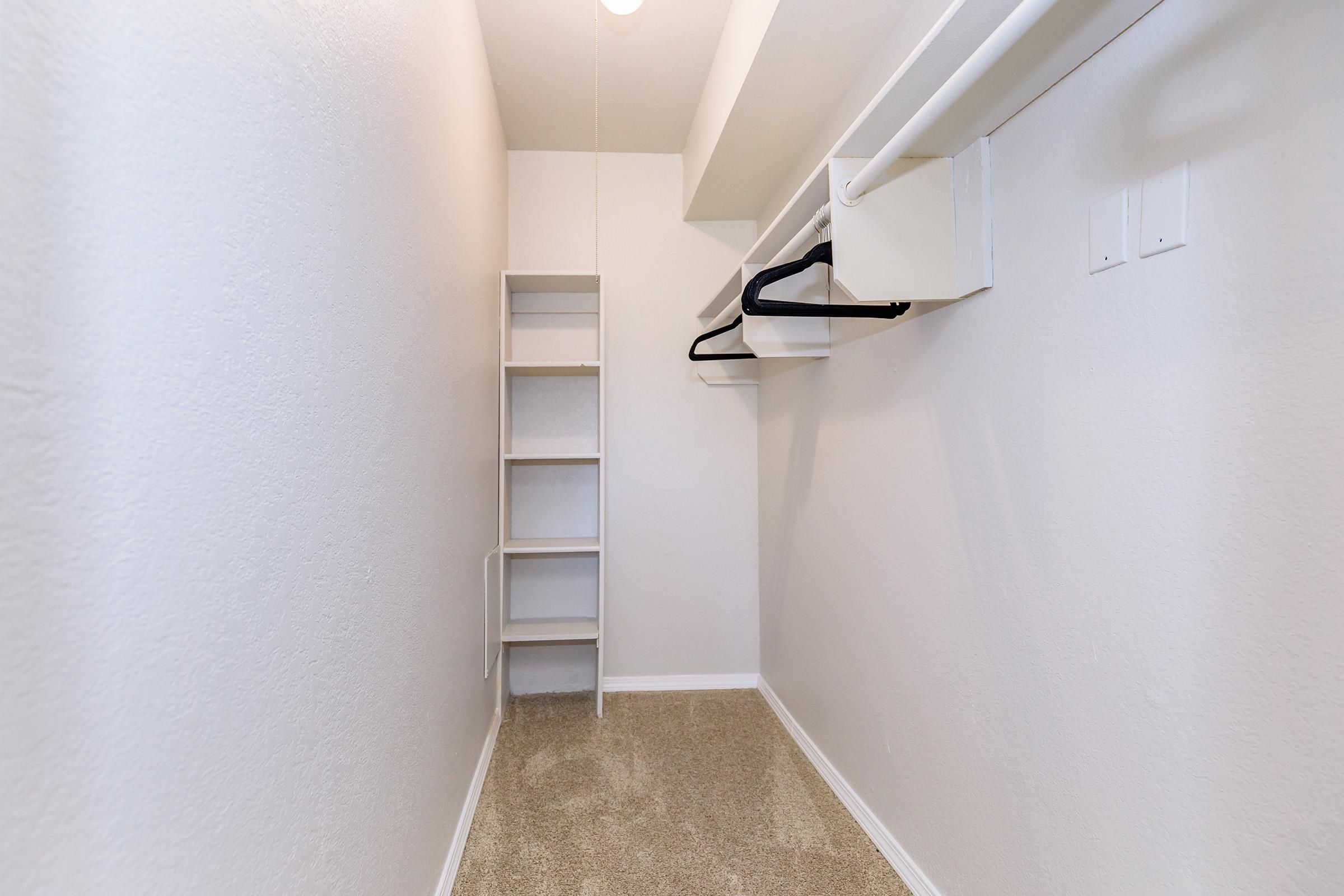 Empty closet with light-colored walls, a carpeted floor, and a single overhead light fixture. There's a white shelving unit on the left side and a hanging rod with several empty hangers. The space is clean and well-lit, providing a minimalist and spacious appearance.