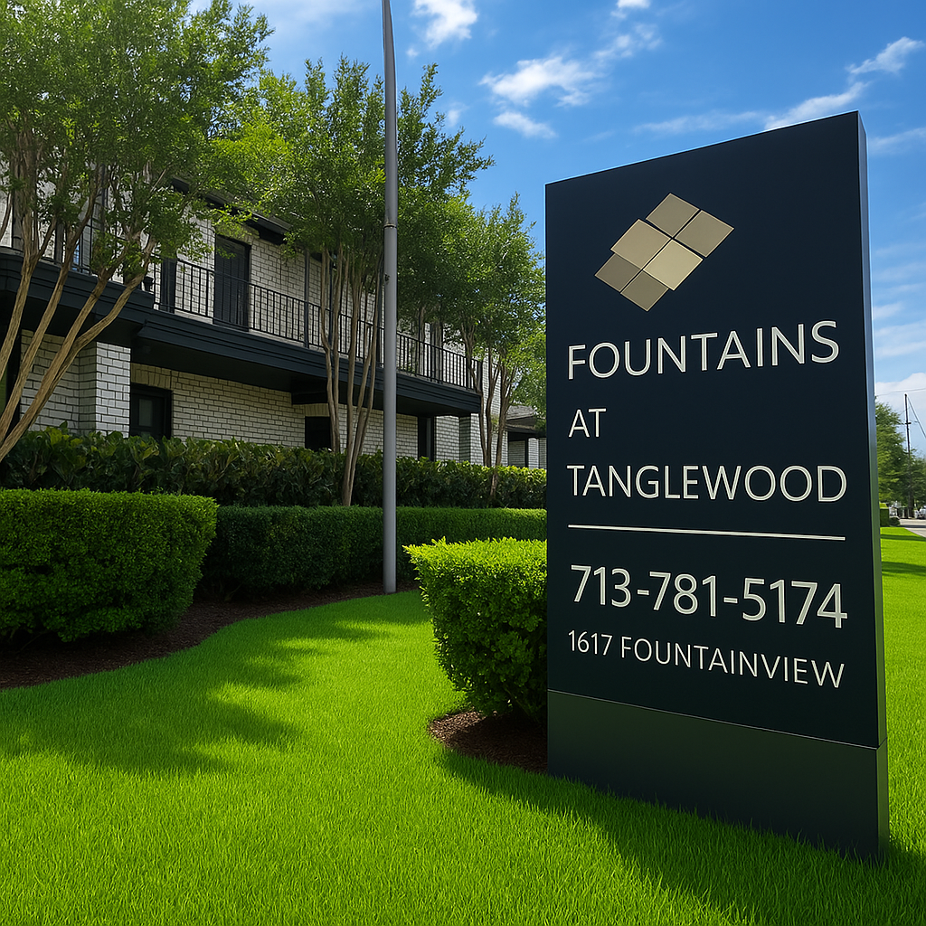 A modern sign for "Fountains at Tanglewood," featuring the name and contact number (713-781-5174), set in front of a well-maintained residential complex. Surrounding the sign are manicured green lawns and trees, creating a welcoming atmosphere.