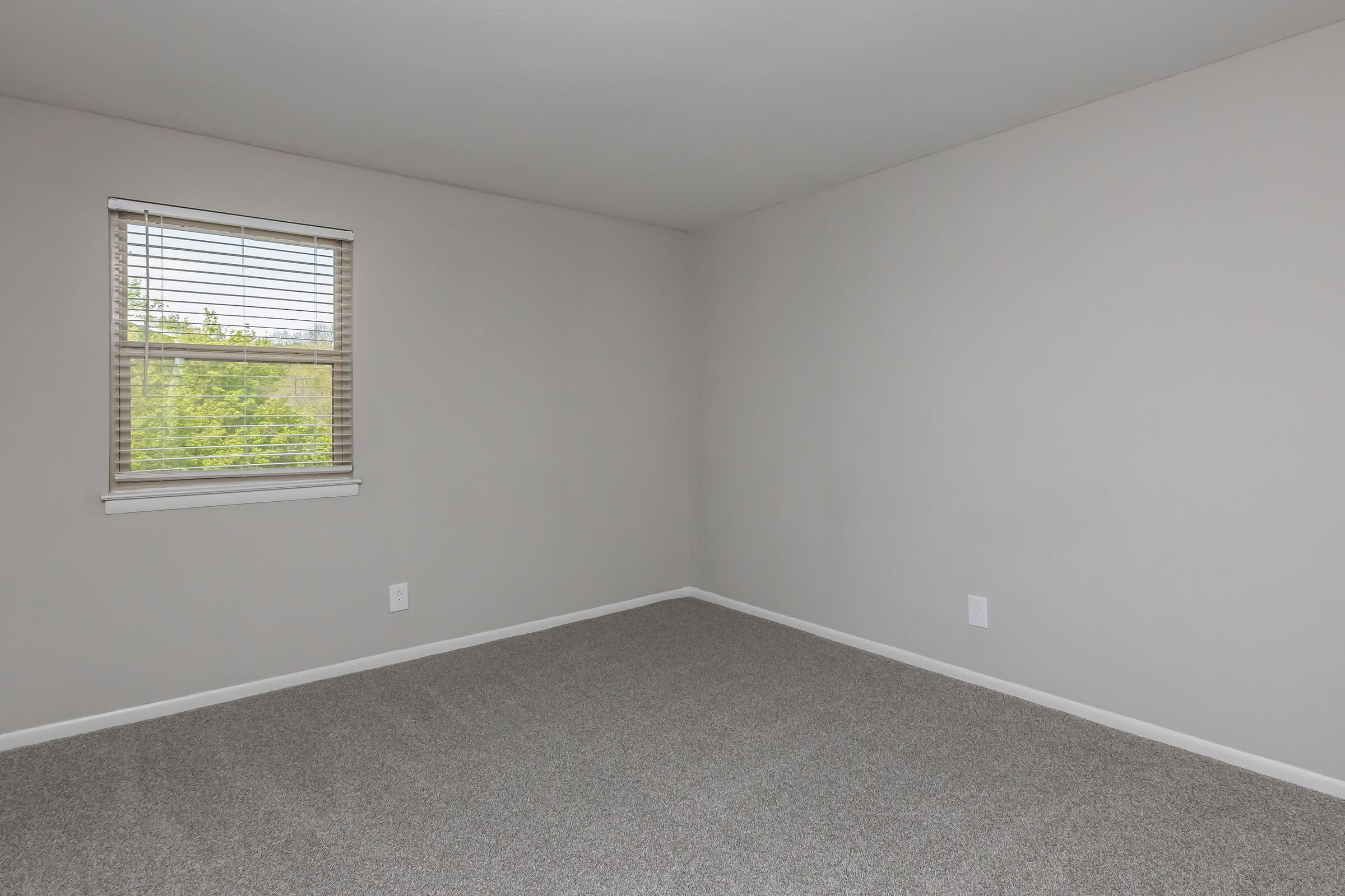 Empty room with light gray walls and carpet. A window with beige blinds allows natural light in. There are two electrical outlets on the walls, and the space appears clean and unfurnished.