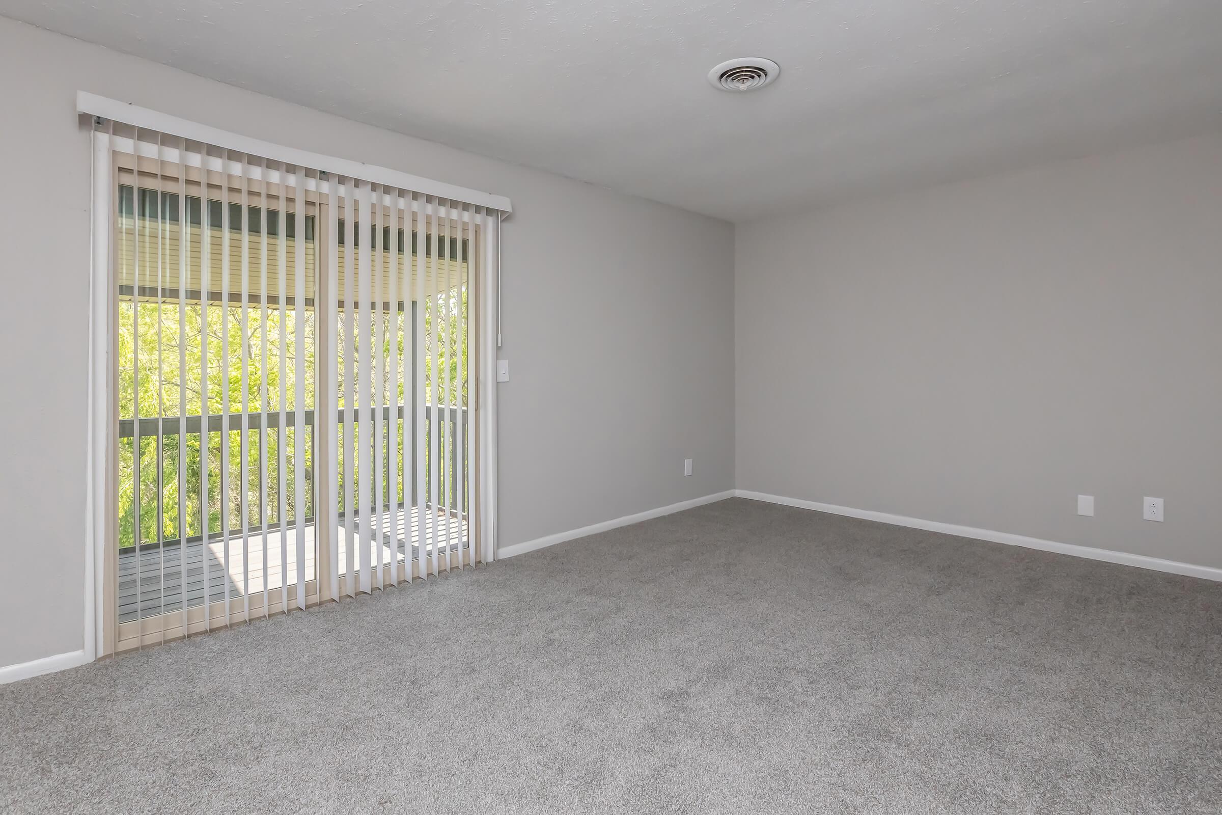 A spacious, empty living room with light gray walls and freshly carpeted floor. There is a set of vertical blinds covering a sliding glass door that leads to a balcony. The room has a simple, clean look with minimal decoration and natural light coming through the door.
