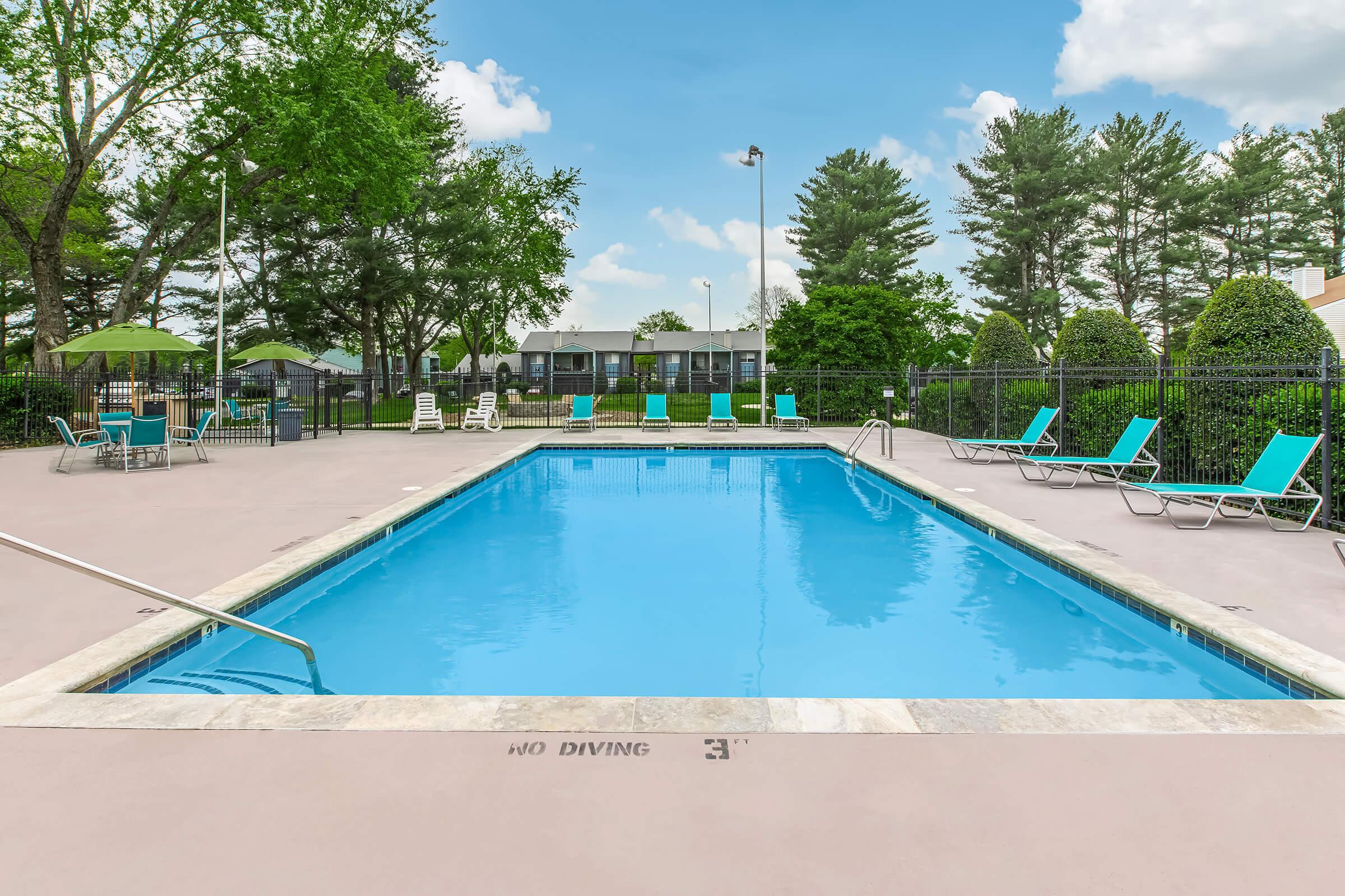 A clear swimming pool surrounded by a concrete deck, with lounge chairs on either side. Green umbrellas provide shade. In the background, well-maintained trees and a building are visible under a sunny sky with fluffy clouds. A "No Diving" sign is visible on the pool edge.