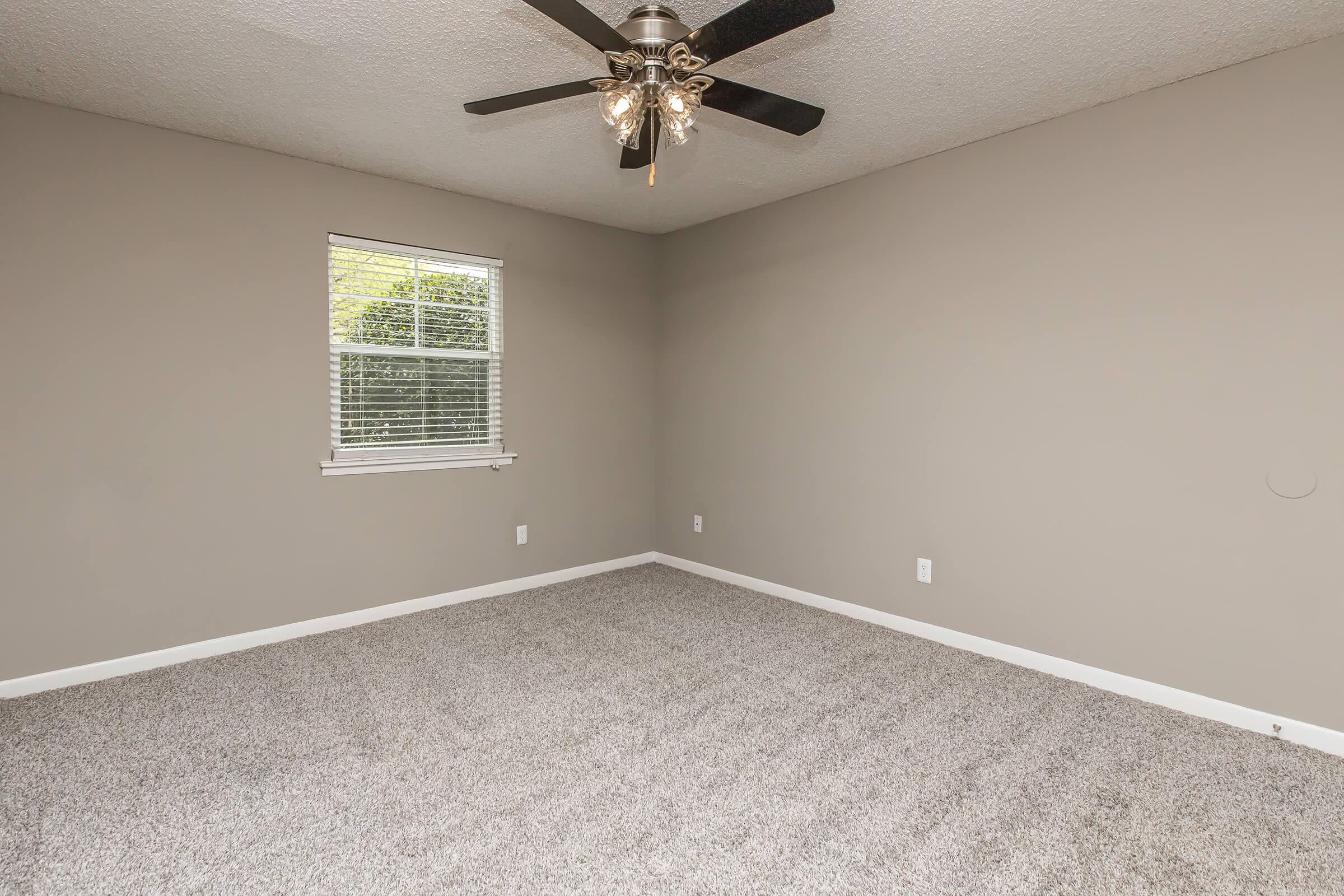 A sparsely furnished room featuring light gray walls and a plush carpet. The space includes a window with white blinds allowing natural light to enter, and a ceiling fan with light fixtures. The overall ambiance is neutral and inviting, ideal for various uses.