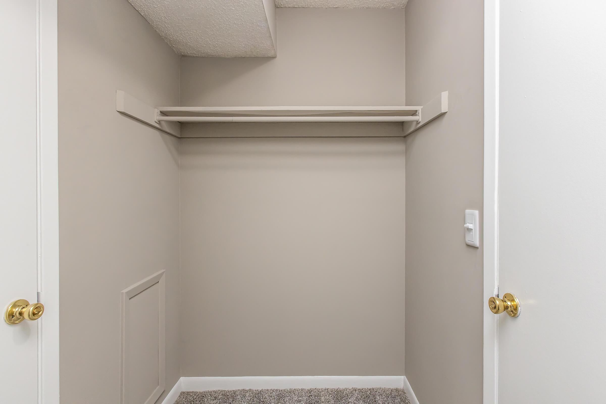 Empty closet with a single shelving unit against a light gray wall. The floor is carpeted, and there are two white doors with brass handles partially visible.