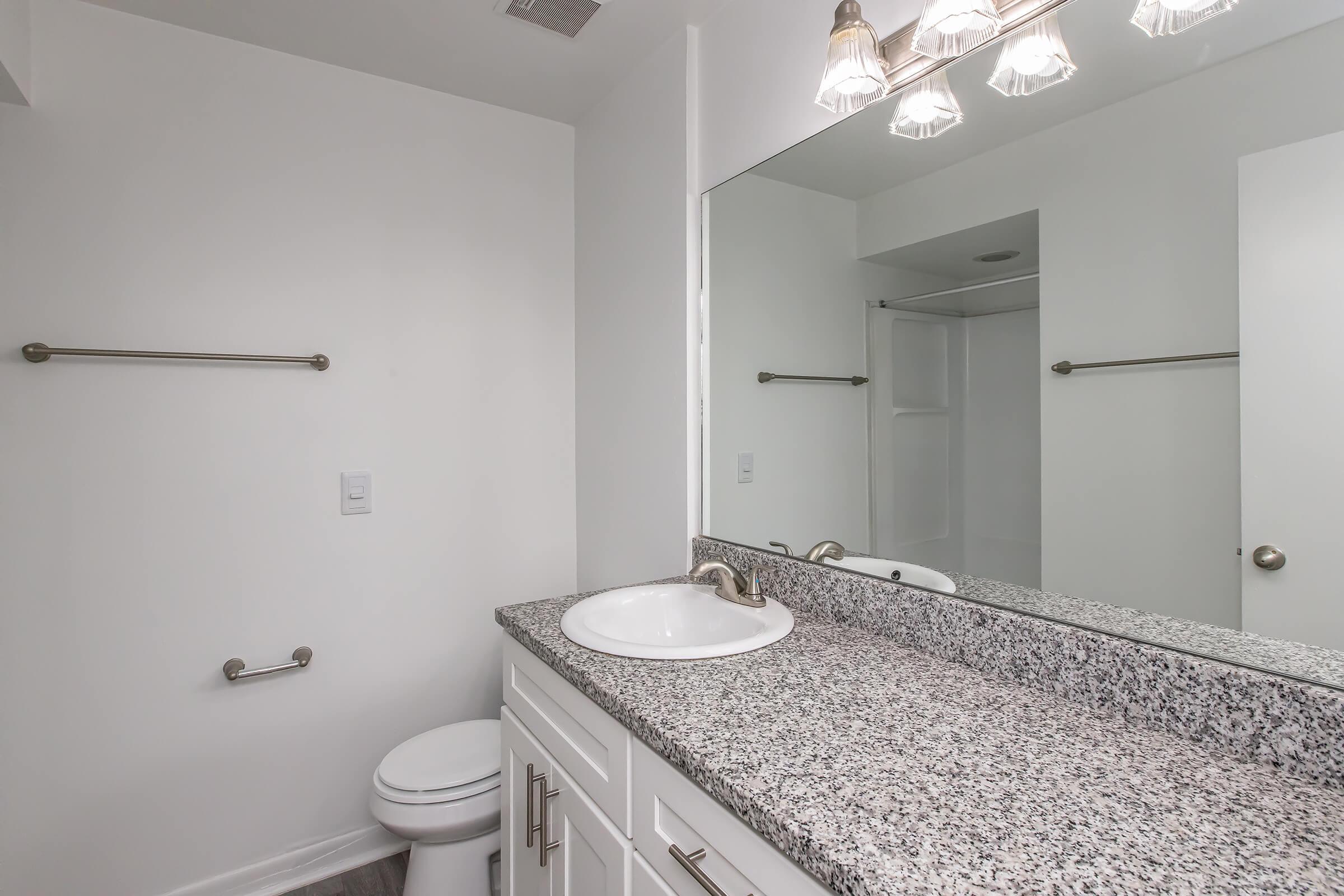 A well-lit bathroom featuring a white countertop with a sink, a large mirror, and modern light fixtures. There is a toilet and a walk-in shower area, with grab bars on the wall for safety. The walls are painted white, creating a clean and spacious appearance.