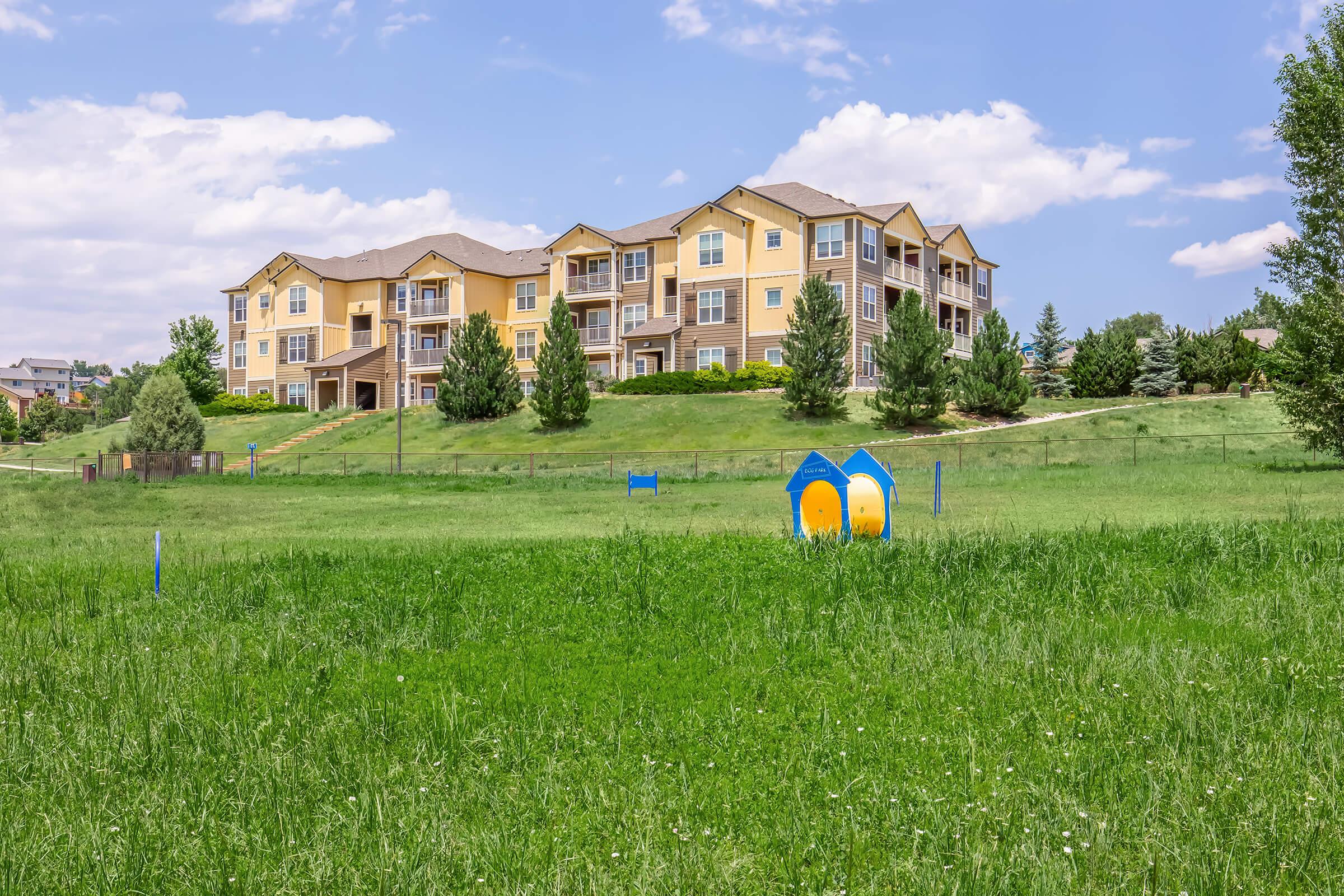A spacious green field with tall grass in the foreground, featuring two colorful dog houses. In the background, there are several large apartment buildings with yellow and brown siding, surrounded by trees and a blue sky with scattered clouds.