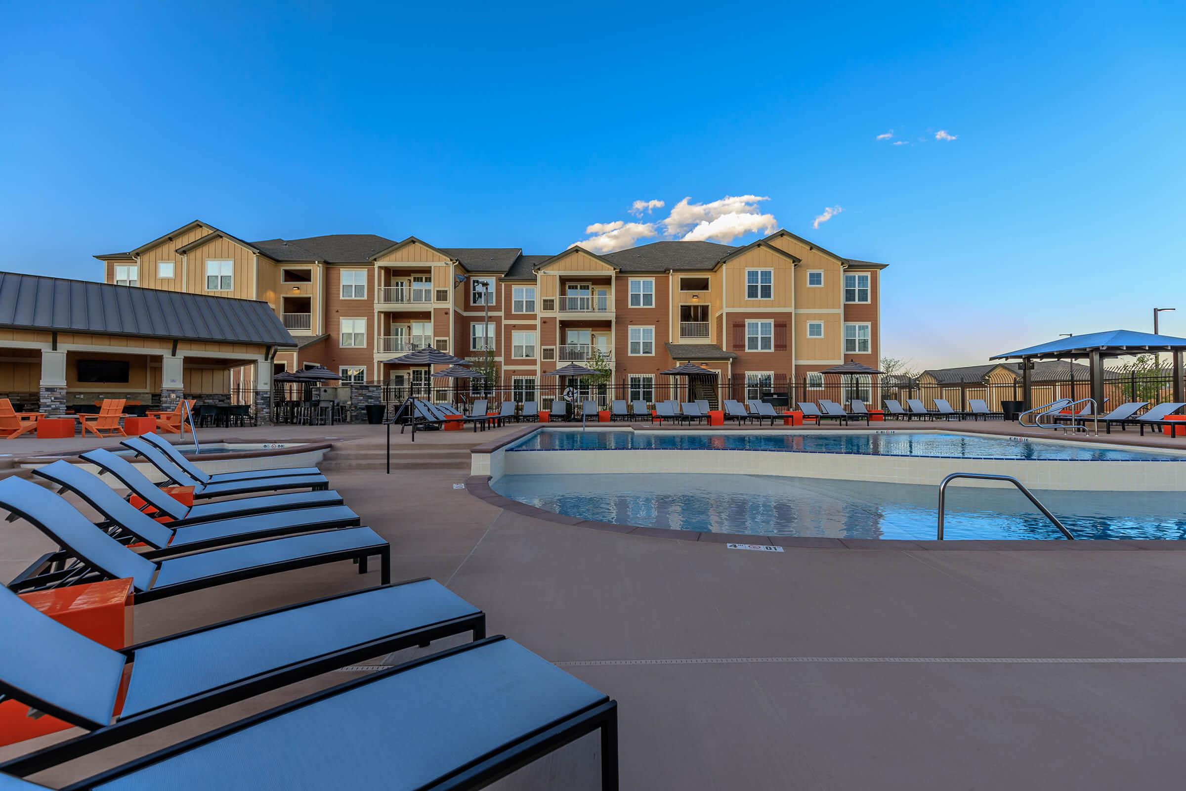 a pool of water in front of a building