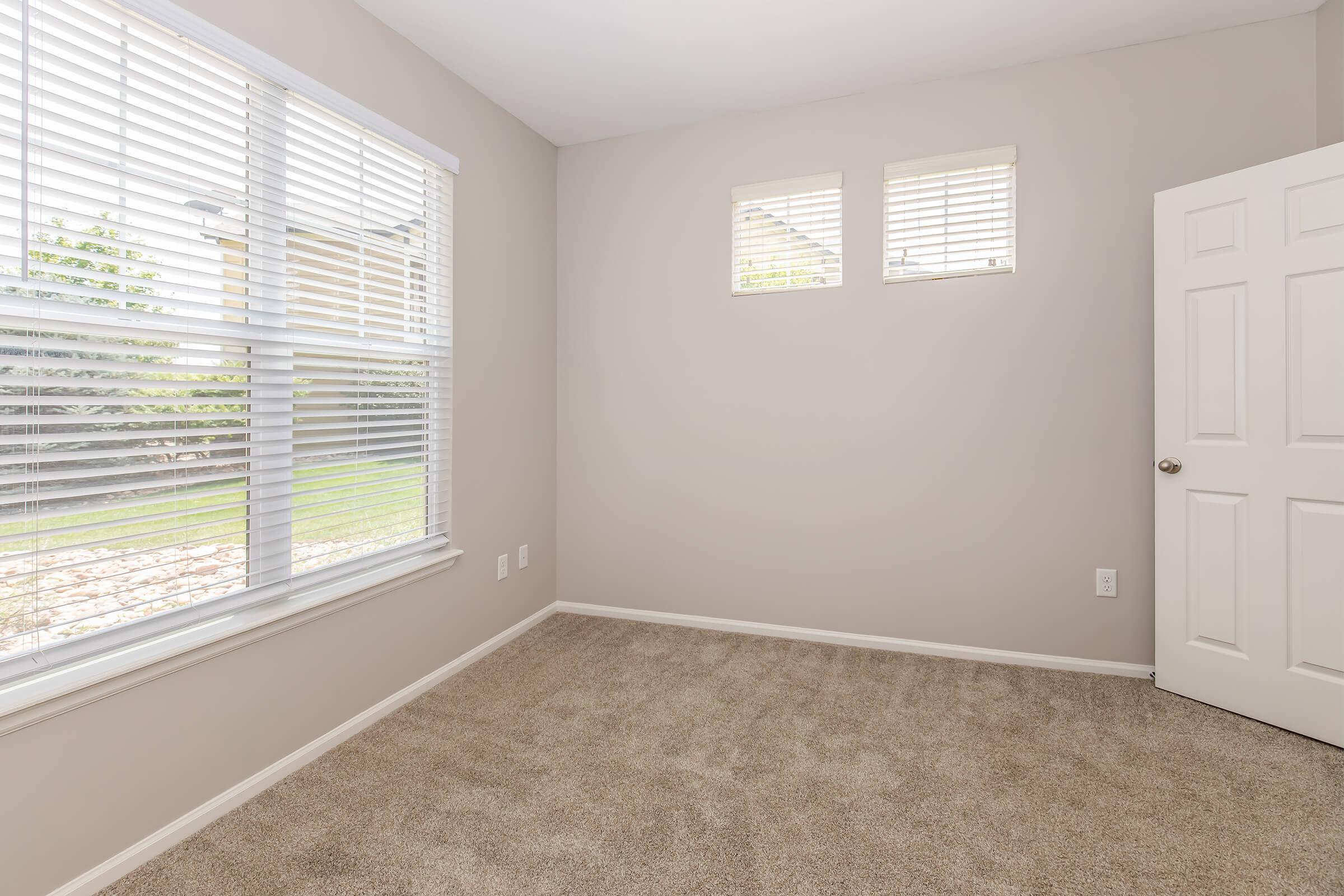 A vacant room with light beige walls and carpeted flooring. Two small windows allow natural light to enter, and a door is visible on the right side. The room appears clean and well-maintained, with no furniture present. The view outside shows greenery.