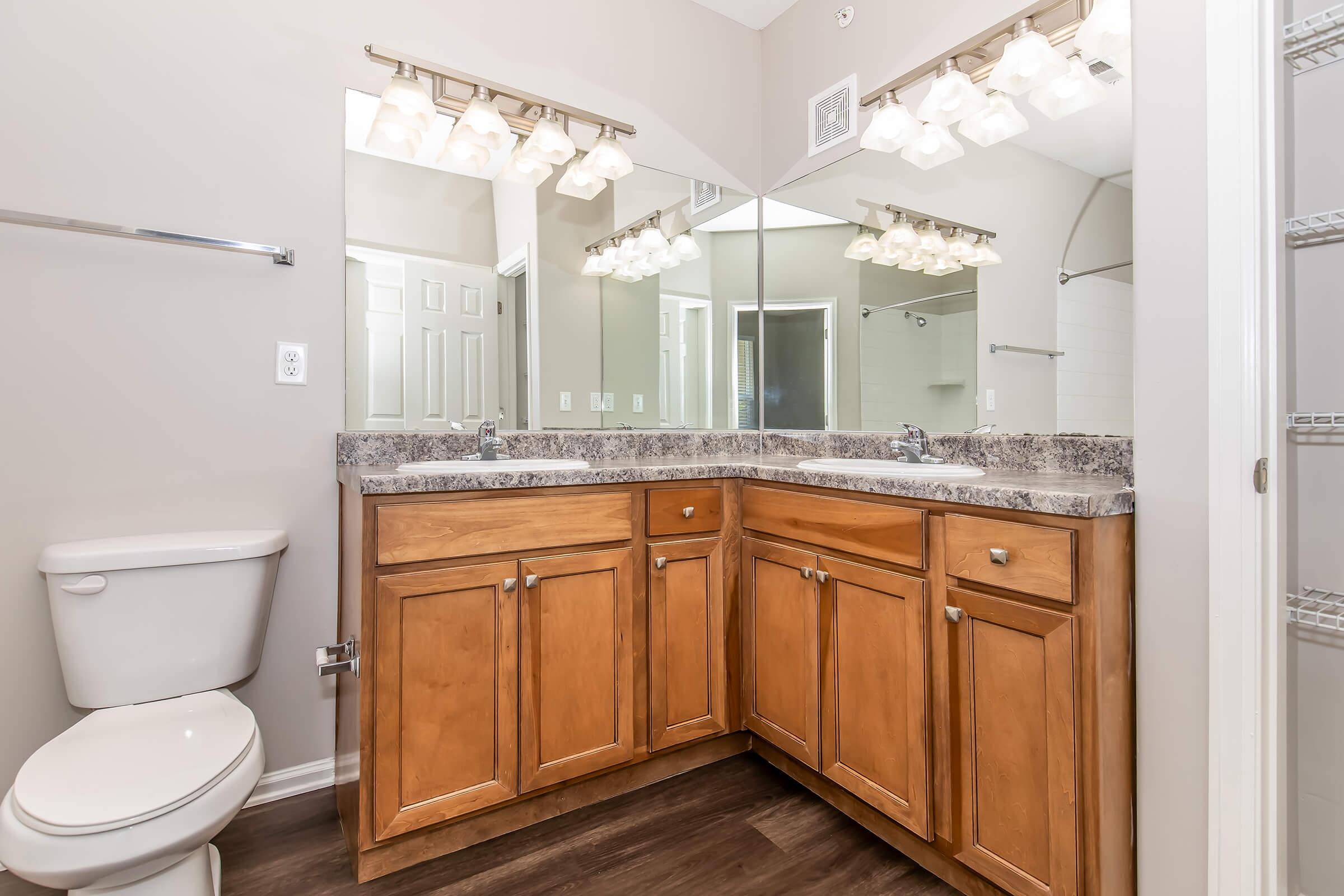 A modern bathroom featuring a double-sink vanity with wooden cabinets, a large mirror above the sinks, and a lit vanity light. To the left, there's a toilet, and the floor is covered with dark laminate flooring. The walls are painted a light color, creating a spacious, inviting atmosphere.