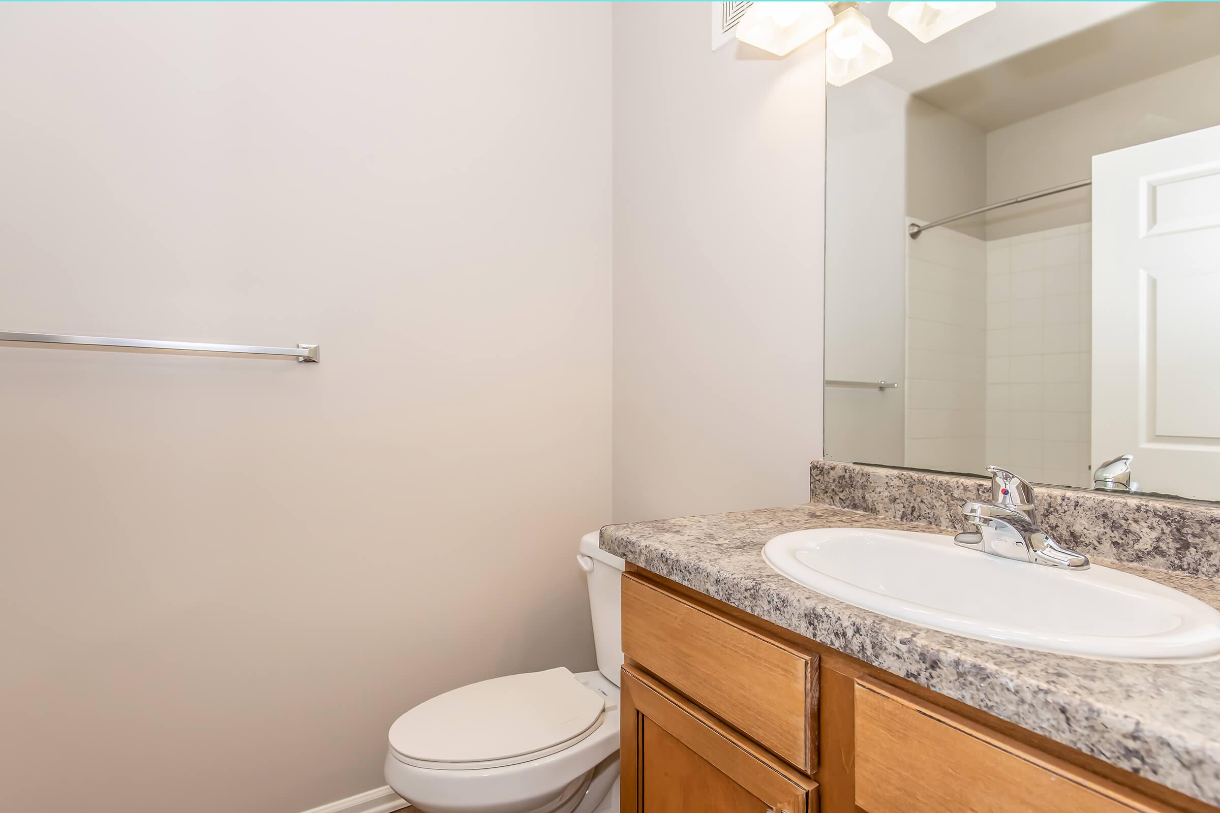 A well-lit bathroom featuring a sink with a granite countertop, a mirror above it, and a white toilet. The walls are painted in a neutral color, and there is a towel rack on the wall. The space is clean and organized, with a modern aesthetic.