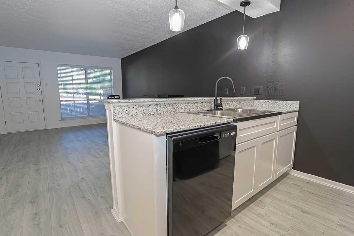 Modern kitchen with granite countertops, a black dishwasher, and a stainless steel sink. The background features a dining area with large windows and sliding doors, letting in natural light. The walls are dark, creating a stylish contrast with the light-colored flooring.