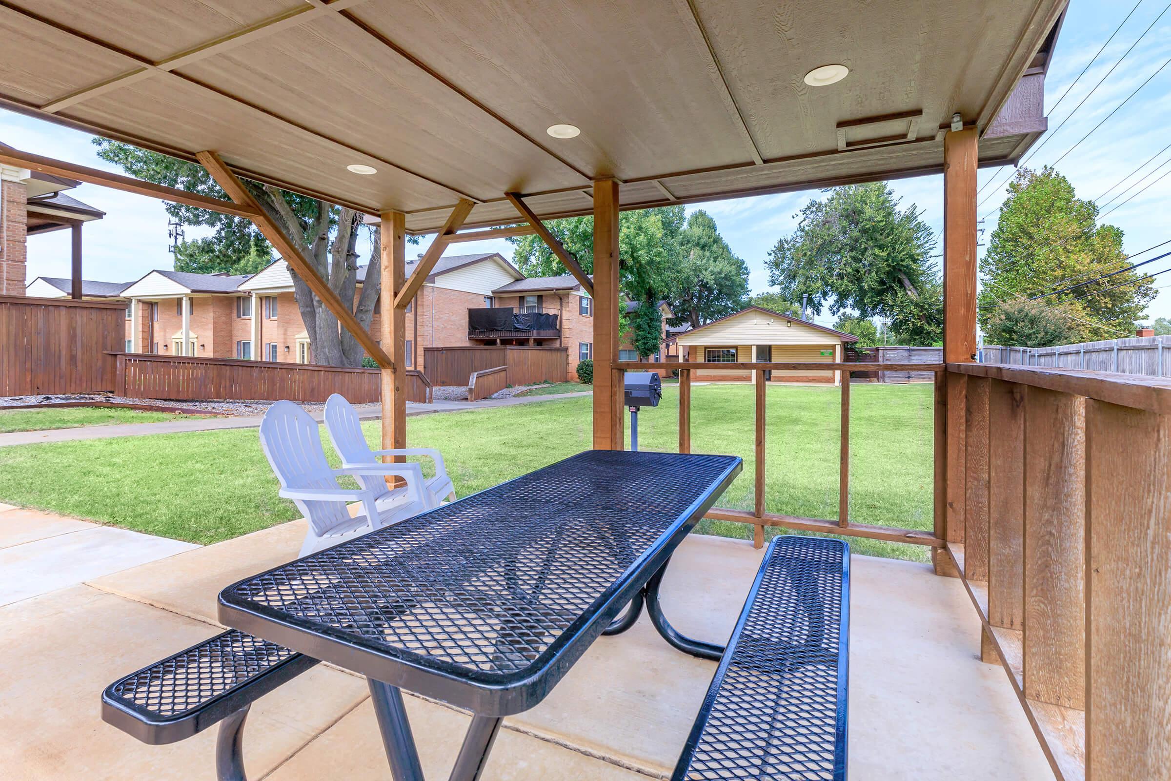 A covered outdoor seating area featuring a black metal picnic table with attached benches and two white Adirondack chairs. The background showcases a green lawn, trees, and nearby residential buildings, creating a serene and inviting space for relaxation or gatherings.