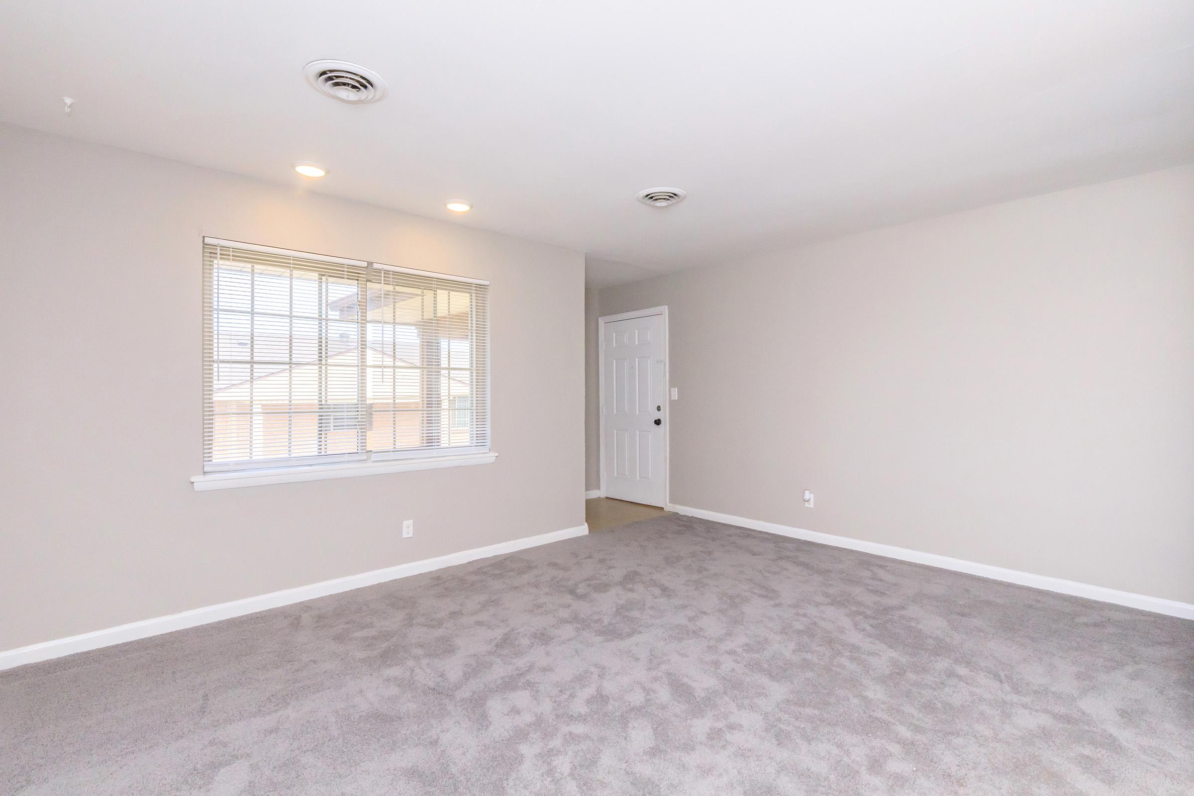A spacious, empty living room featuring light gray walls and soft beige carpet. There is a large window with blinds allowing natural light and a white door leading to another room. The overall ambiance is bright and minimalist, ideal for personalization.
