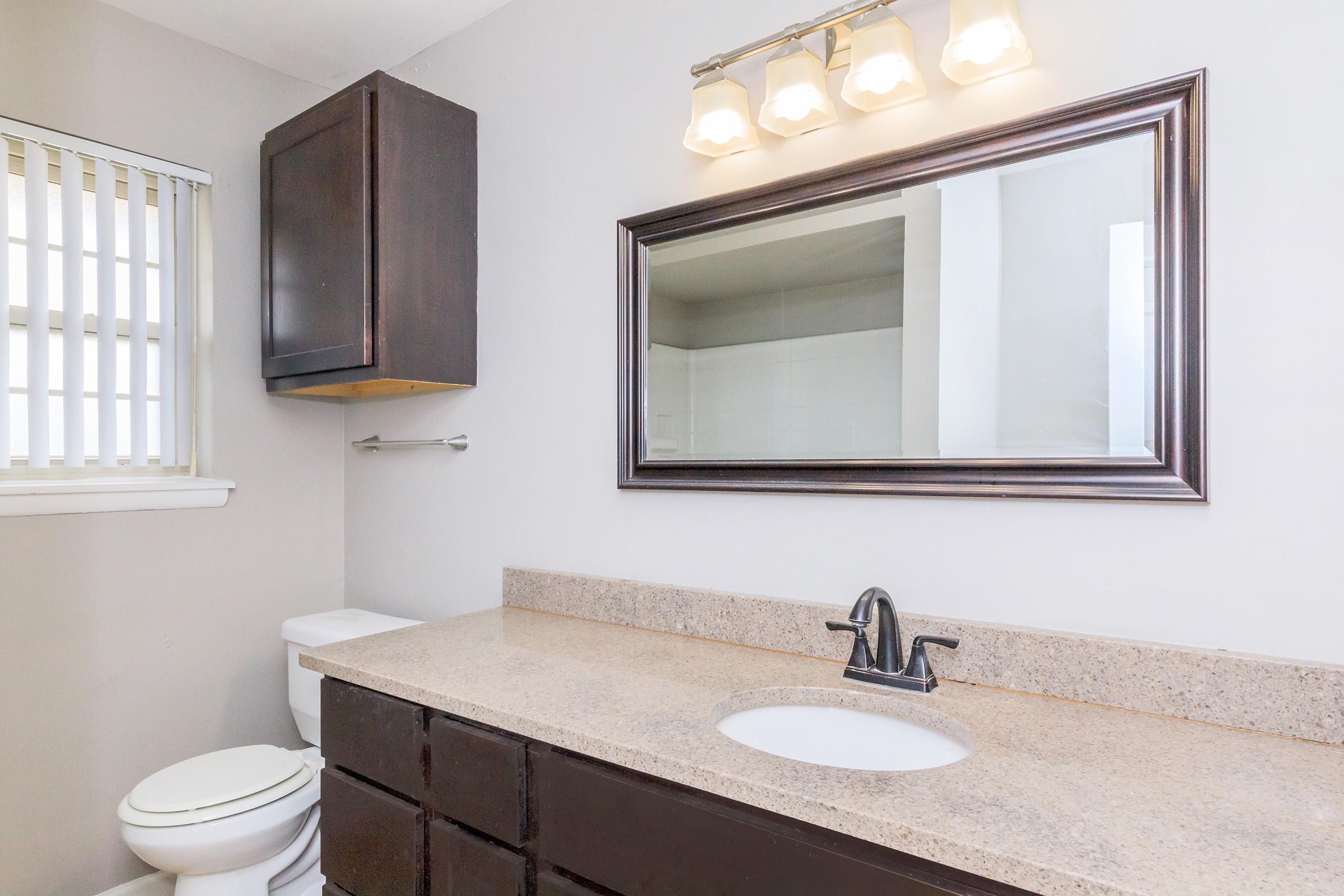 A clean and modern bathroom featuring a light-colored wall, a large mirror with a dark frame, a vanity with a countertop, a white sink, a toilet, and a shower area. Natural light comes through a window with horizontal blinds. The overall design is functional and tidy.