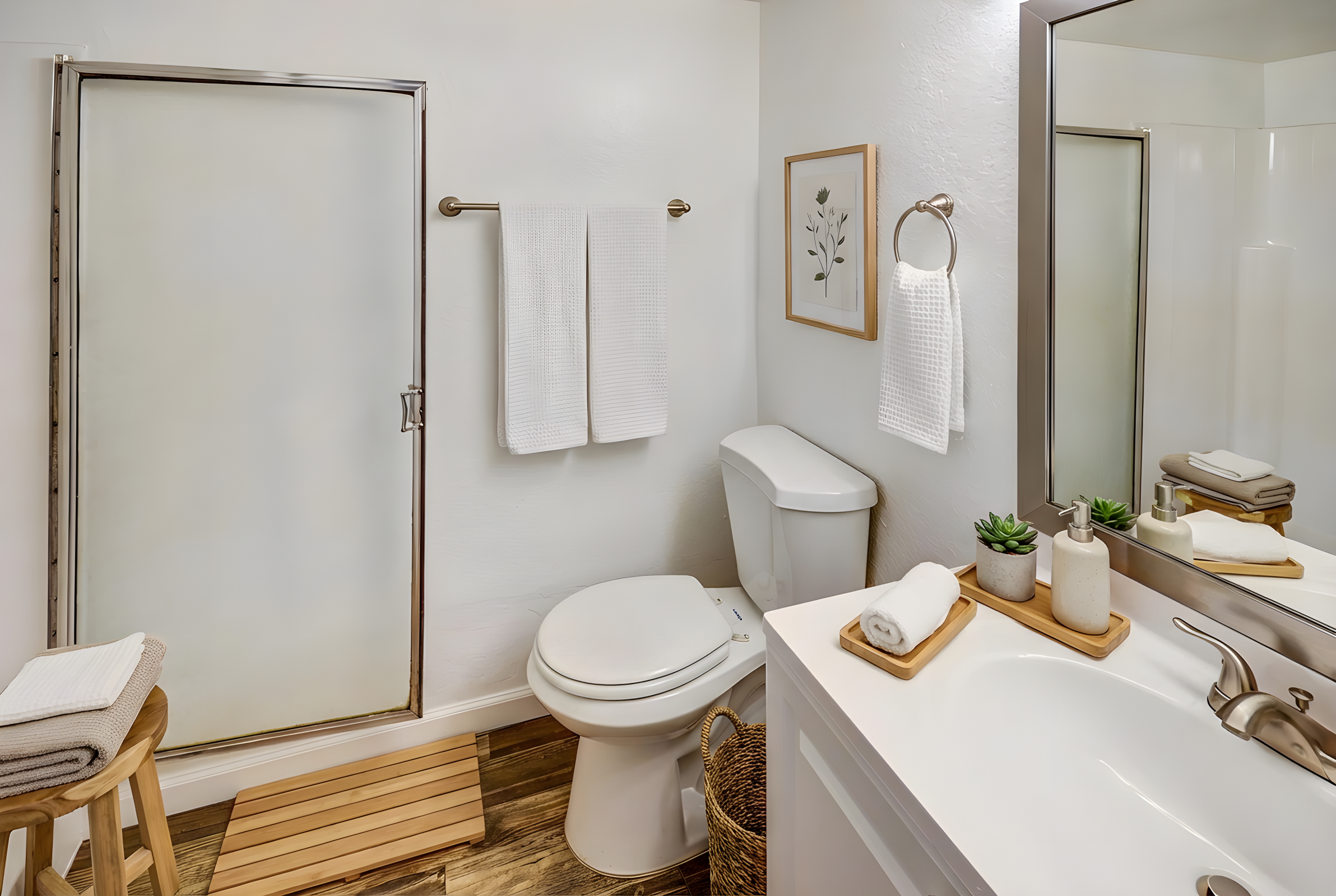 A modern bathroom featuring a glass shower, white toilet, and a sink with a wooden countertop. There are white towels hanging on a rack, a framed botanical print on the wall, and small plants arranged decoratively. The floor has wooden accents and a stool for additional seating.