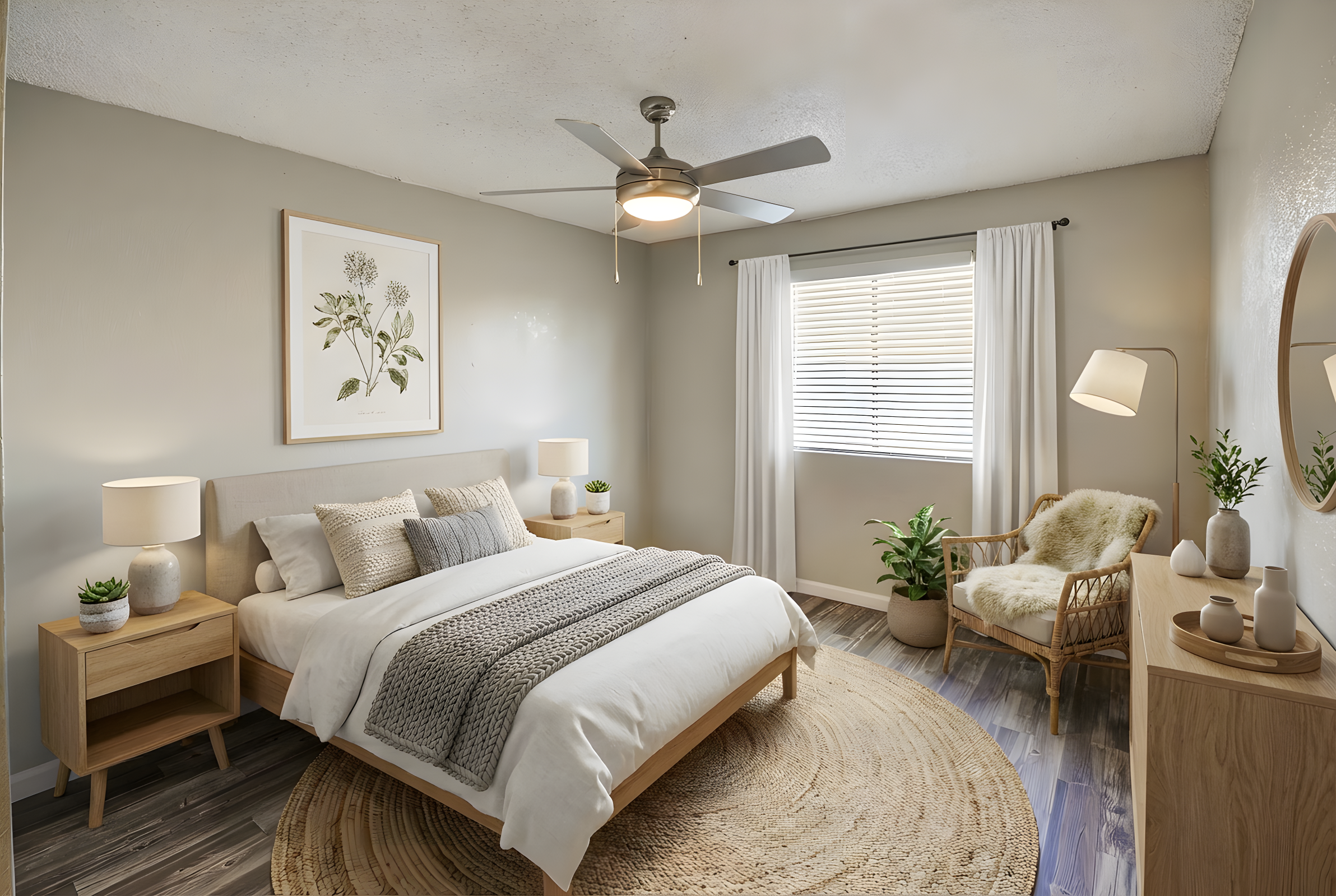 A cozy bedroom featuring a light-colored bed with a textured blanket and decorative pillows. There are two bedside tables with lamps, a round area rug, and a comfortable chair next to a window with sheer curtains. Green plants add a touch of nature, and a wall art piece showcases floral motifs.