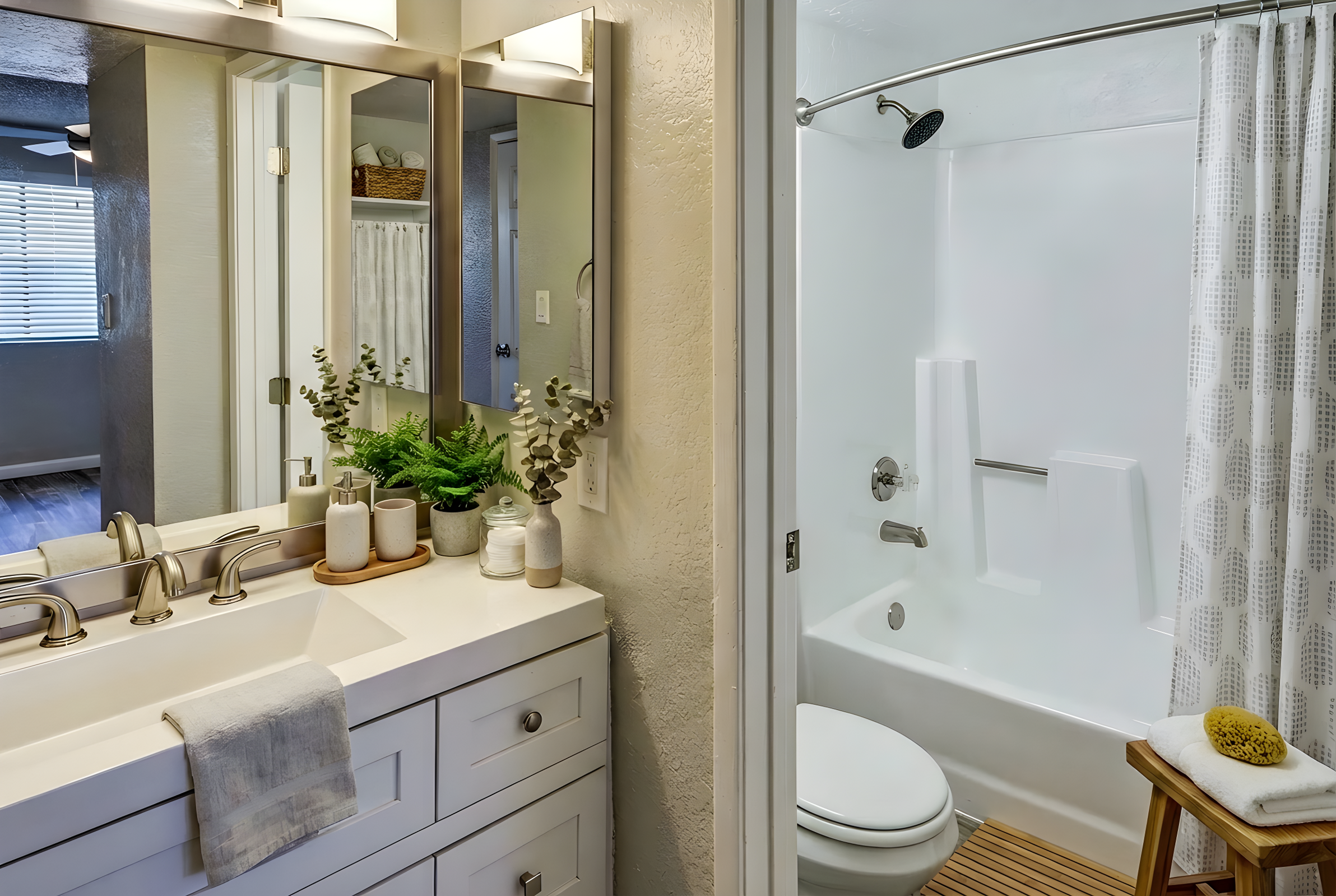 A modern bathroom featuring a stylish vanity with a large mirror, sleek faucet, and decorative plants. To the side, a clean tub and shower combination, with a white curtain partially closed. Natural light enters through a small window, enhancing the fresh and inviting atmosphere.