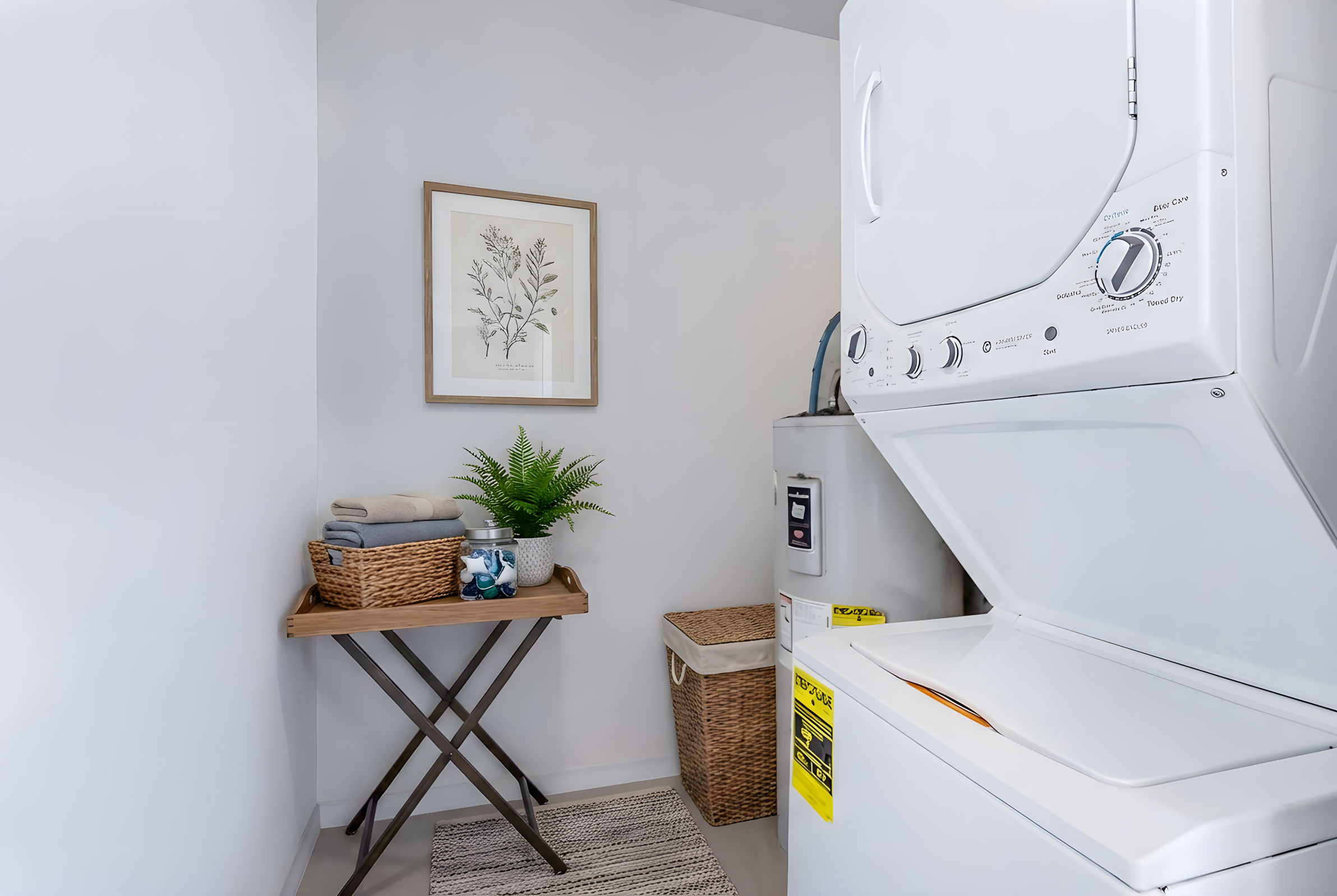 A modern laundry room featuring a stacked washer and dryer, a wooden folding table with neatly stacked towels, a potted plant, a decorative wall art piece with a botanical theme, and a woven basket. Additionally, a storage bin is visible, enhancing the tidy and organized appearance of the space.