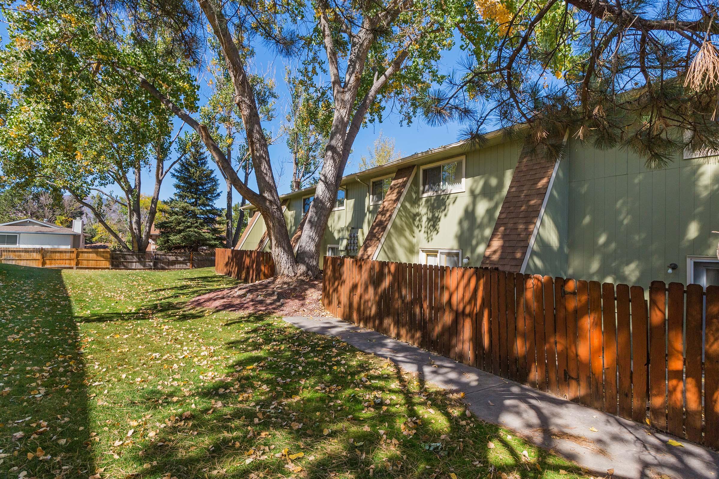 A peaceful backyard scene featuring a well-maintained green lawn and a wooden fence, with several trees providing shade. The background includes two buildings with siding, and a clear blue sky above. Autumn leaves are scattered on the ground, creating a serene atmosphere.