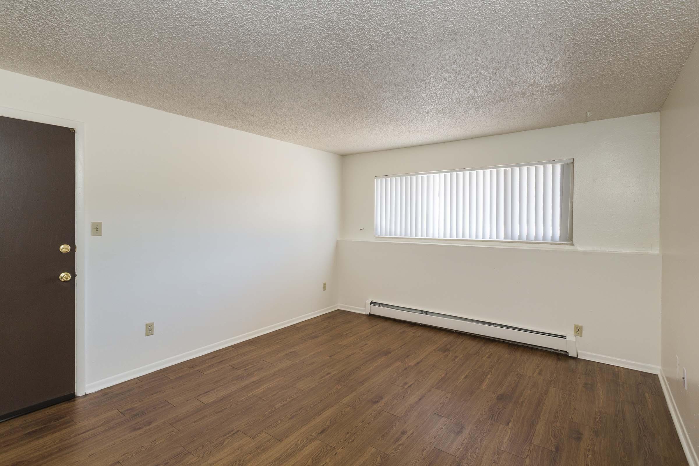 A spacious, empty room with a light-colored wall and a large window covered by vertical blinds. The floor is made of wood laminate, and there is a brown door on the left side. The room appears well-lit with no furniture present.