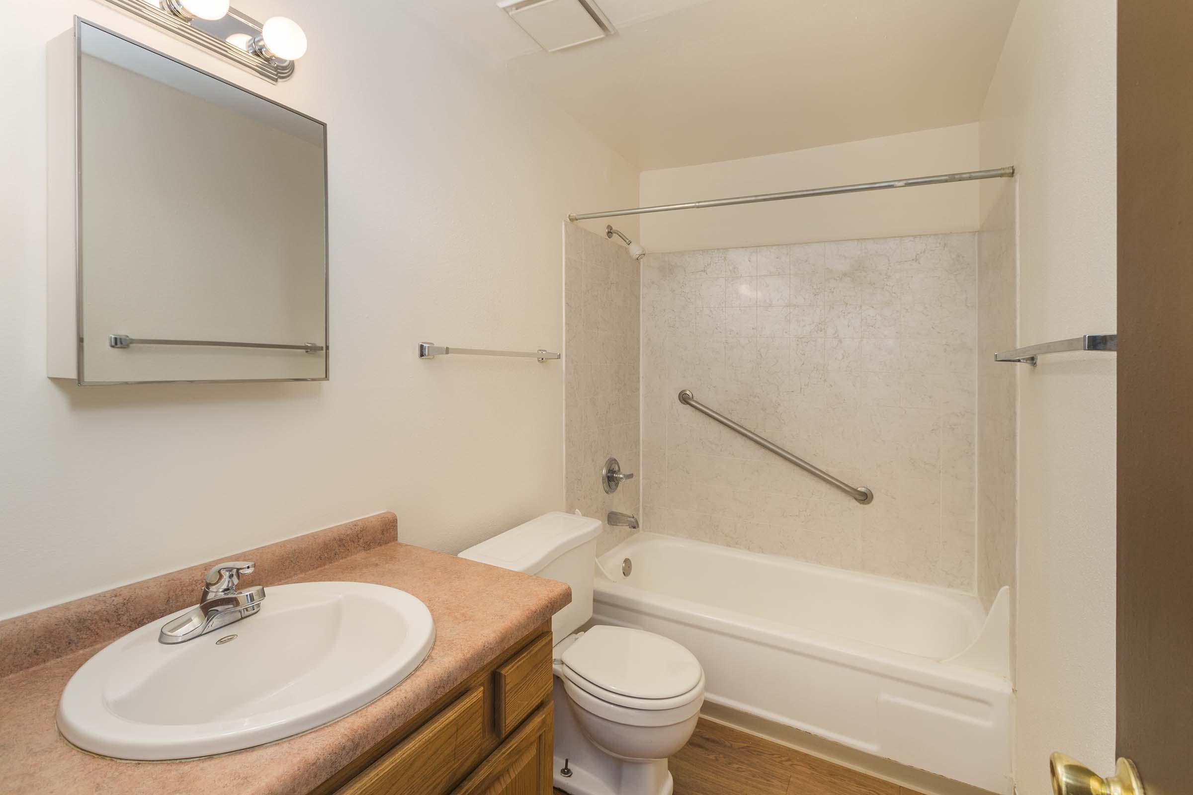 A clean and modern bathroom featuring a white bathtub with a shower curtain rod, a toilet, a sink with a countertop, a wall-mounted mirror, and handrails for safety. The floor is wooden, and the walls are painted in a light color, giving the space a bright and airy feel.
