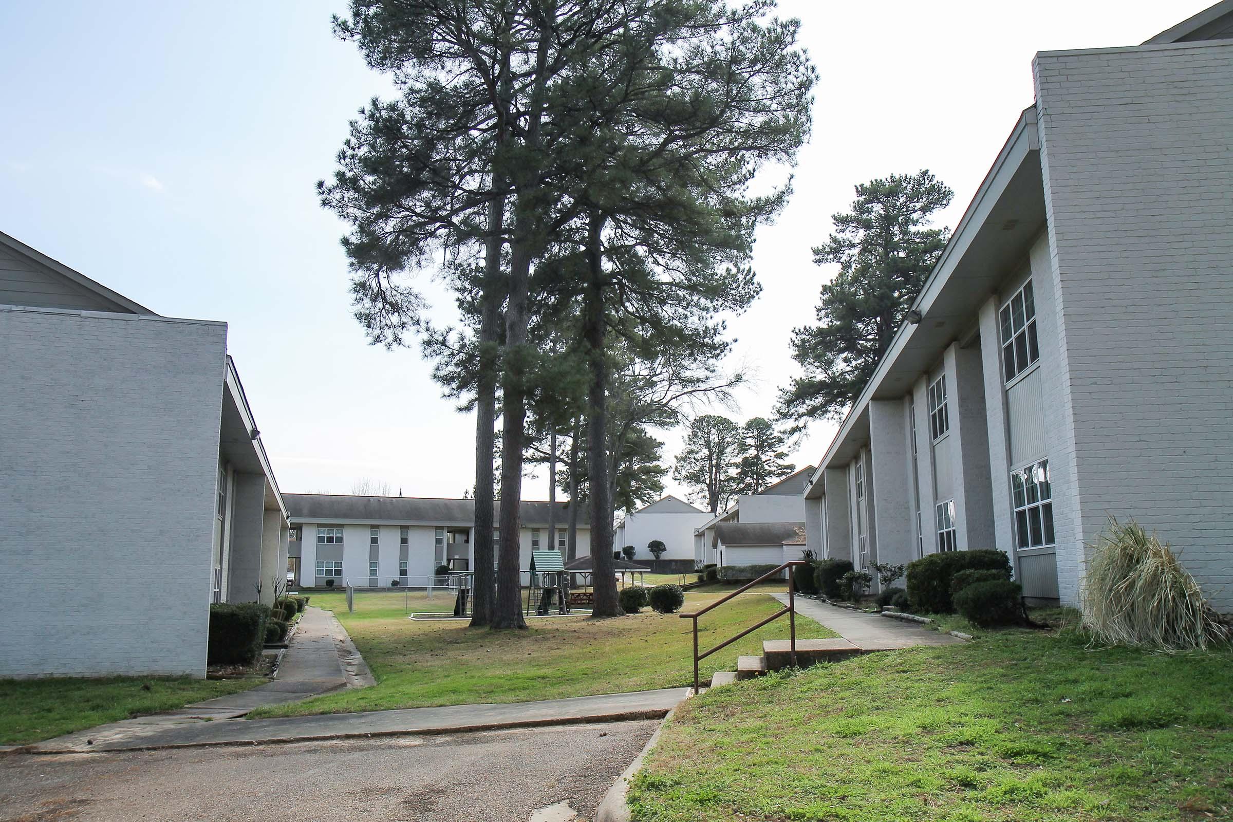 A pathway between two buildings in a residential complex, flanked by green grass and small shrubs. Tall pine trees are visible in the background, and there are picnic tables in the open area. The scene is well-lit and captures a quiet, suburban atmosphere.