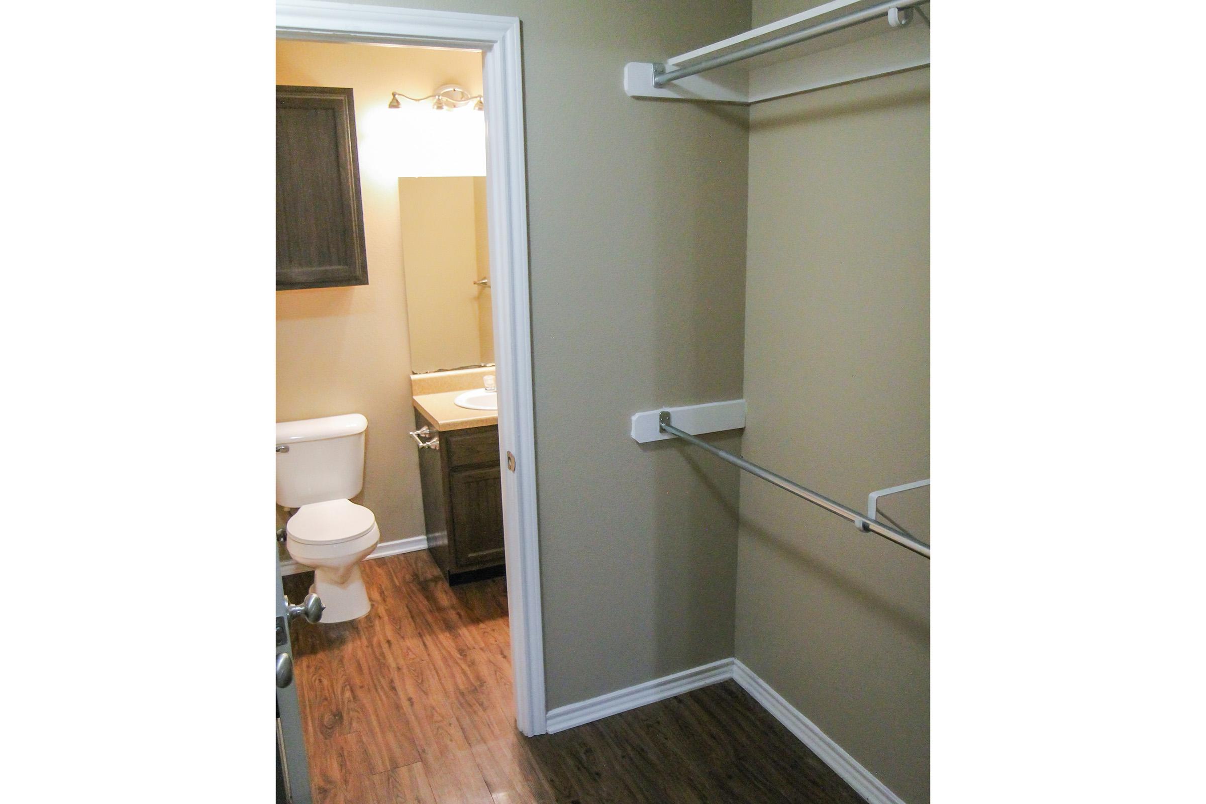 View of a small bathroom and closet area. The bathroom features a toilet and a sink with a mirror, while the closet has a single rail for hanging clothes. The walls are painted a neutral color, enhancing the open, airy feel of the space. The flooring is wooden laminate.