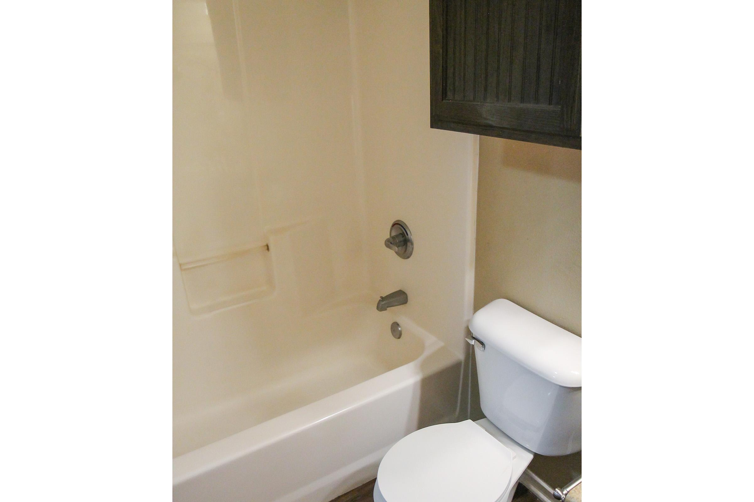 Interior view of a bathroom featuring a white bathtub and shower combination, a gray wall-mounted cabinet, and a white toilet. The walls are a neutral color, creating a clean and simple appearance. Natural light may be minimal due to the enclosed space.