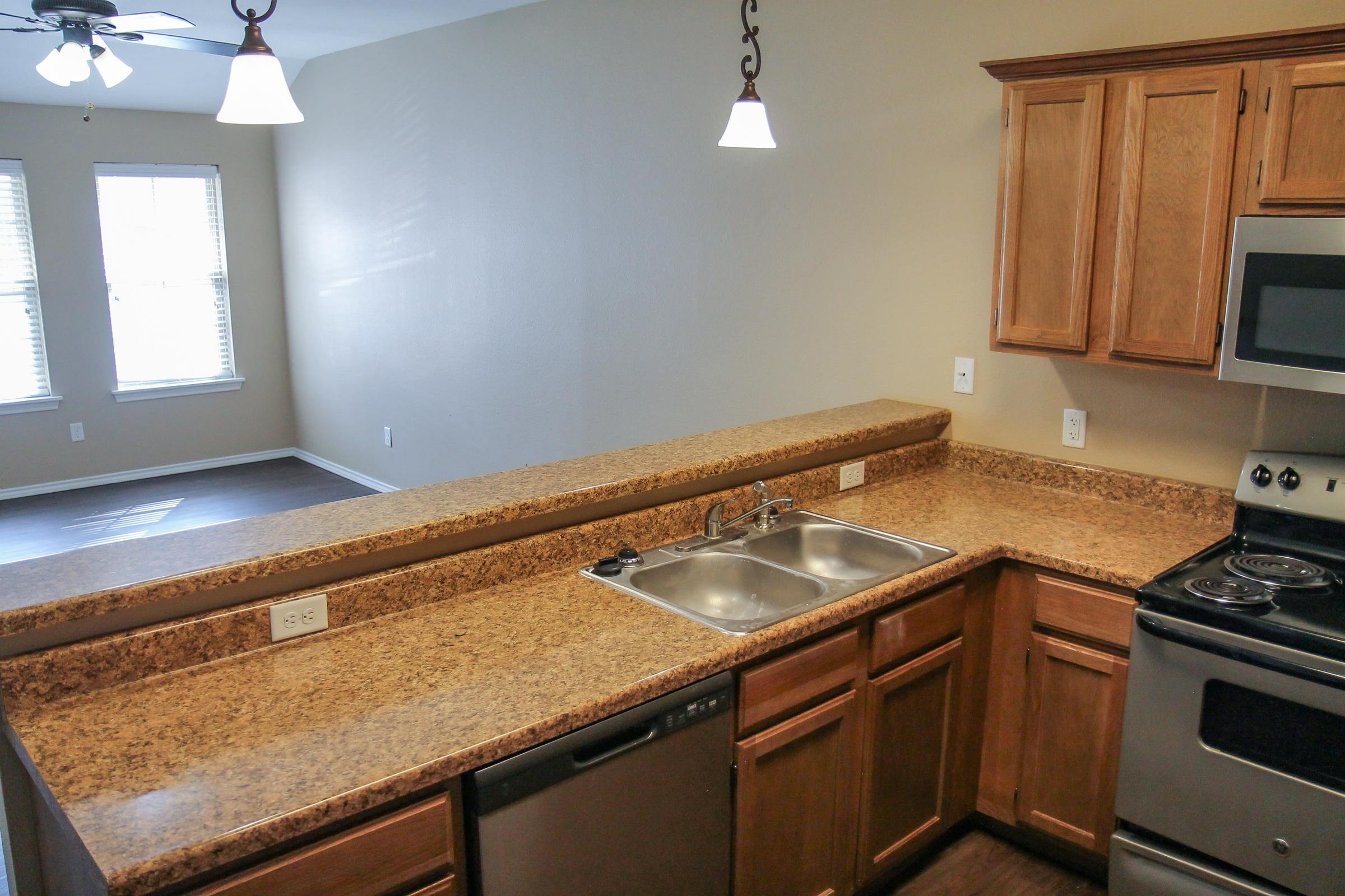A modern kitchen with wooden cabinets, a double stainless steel sink, a dishwasher, and a stove. The countertop features a speckled tan surface. In the background, there is a spacious living area with large windows and natural light. The walls are painted a neutral color, enhancing the open feel of the space.