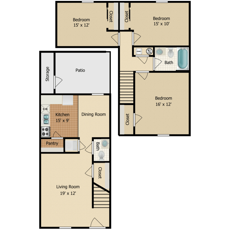 Floor plan image of Three Bedroom Townhouse