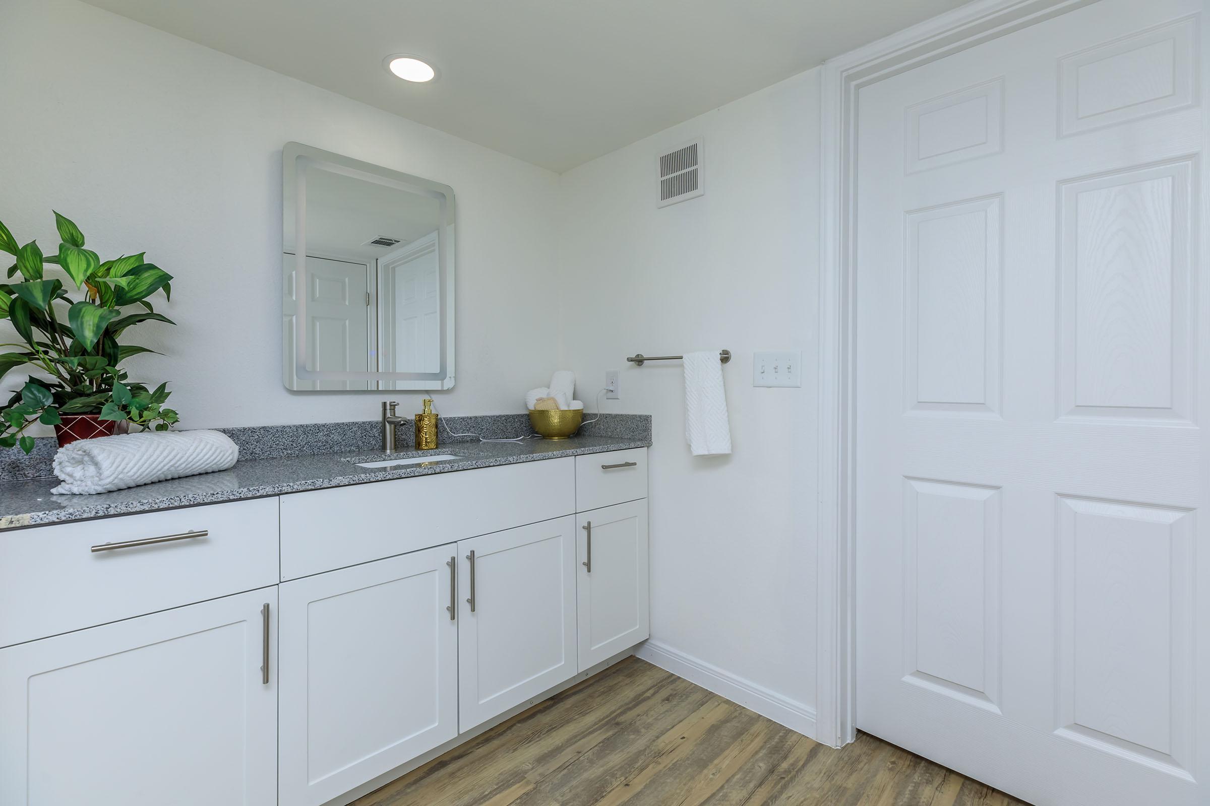 a kitchen with a sink and a mirror