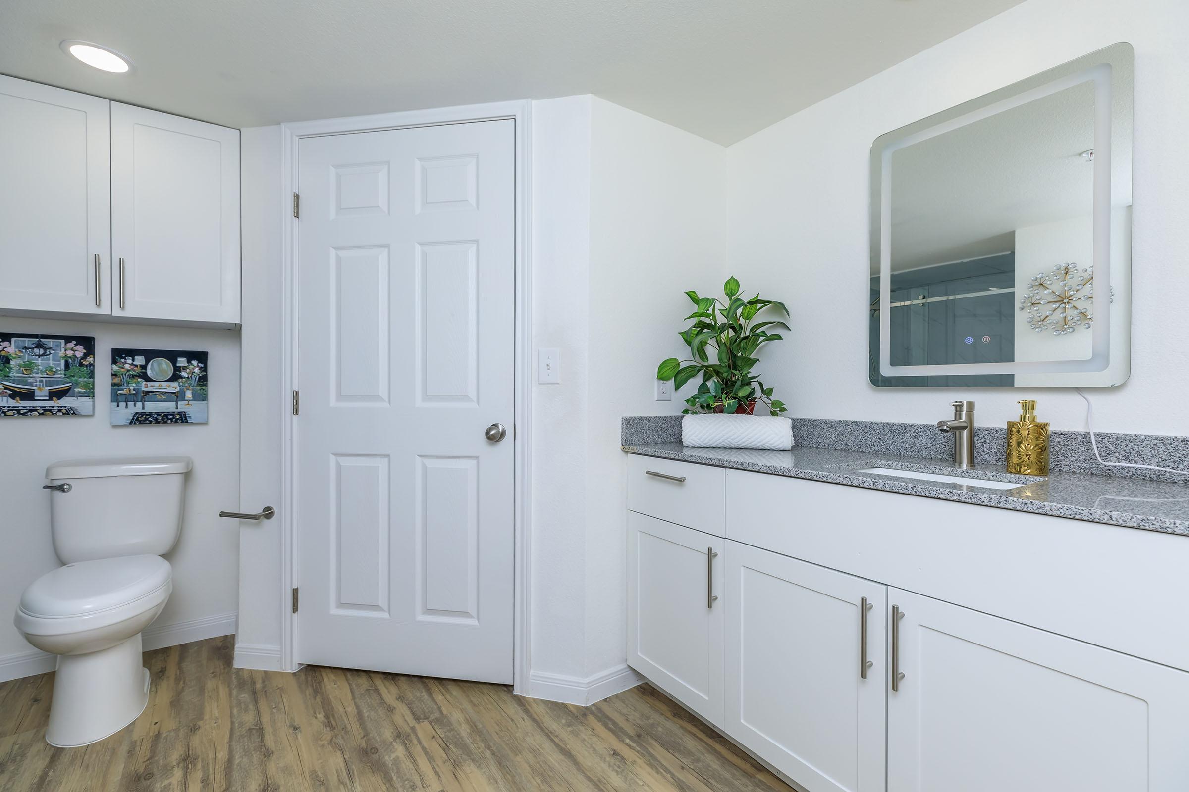 a room with a sink and a mirror