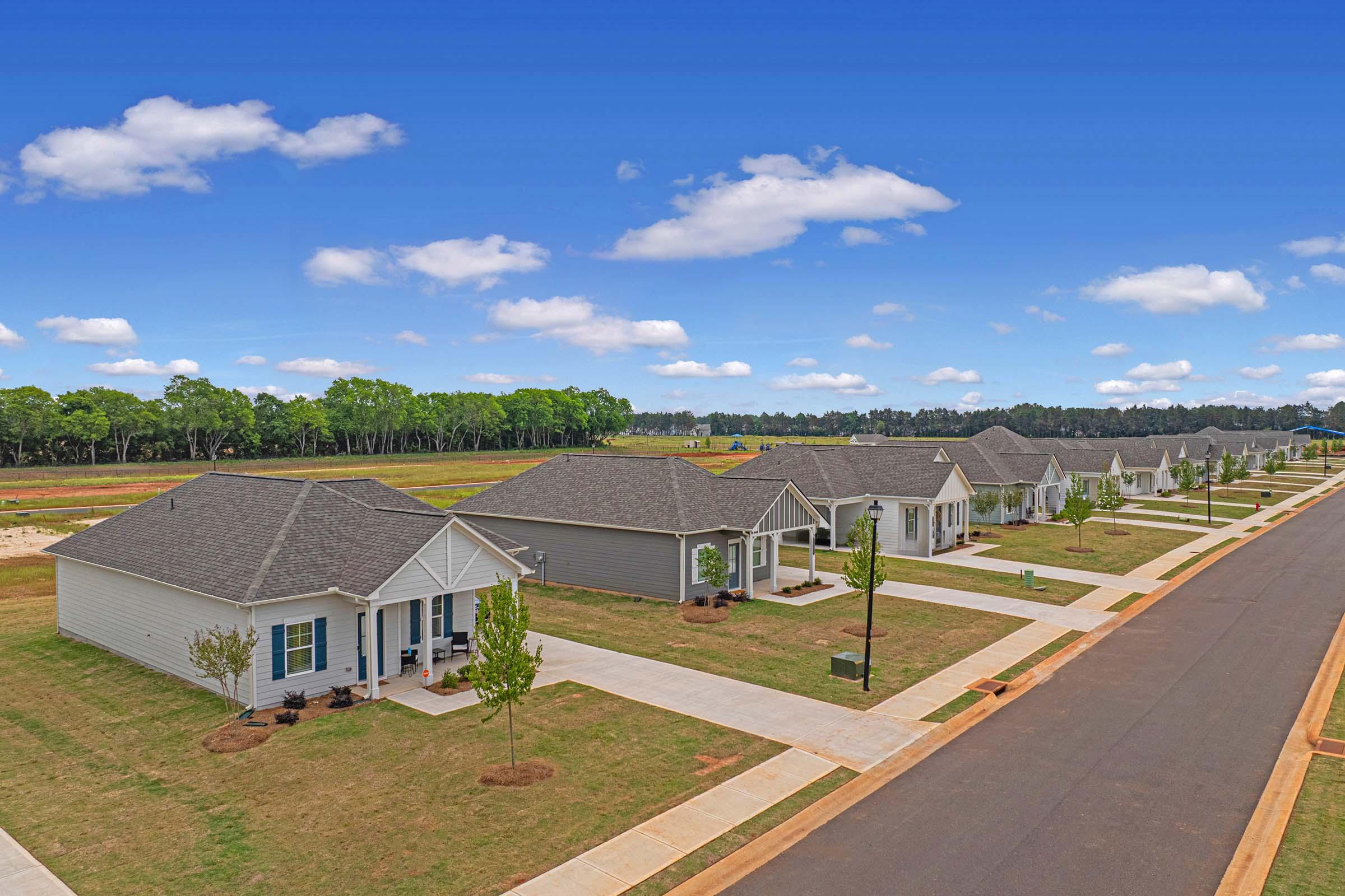 A serene neighborhood featuring modern single-story homes lined along a well-maintained street. Lush greenery and clear blue skies enhance the tranquil atmosphere, while neatly landscaped yards and sidewalks provide a welcoming appearance. The scene conveys a sense of community and peaceful suburban living.