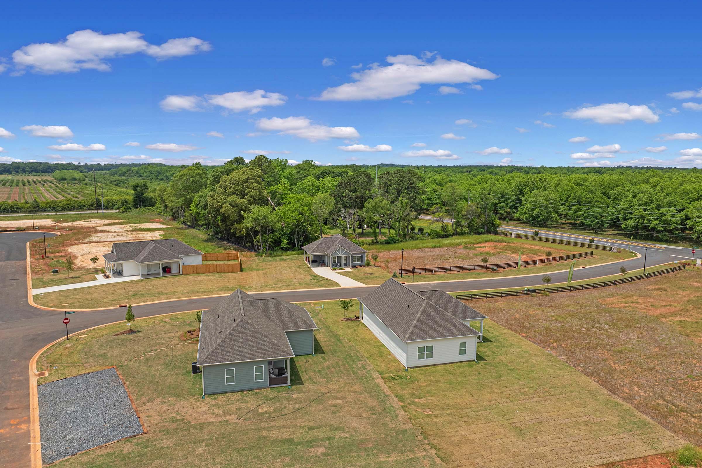 Aerial view of a residential area featuring several houses, with a winding road and green fields in the background. Lush trees line the neighborhood, and there are empty lots visible, suggesting room for development. The sky is blue with scattered clouds, creating a bright and inviting atmosphere.