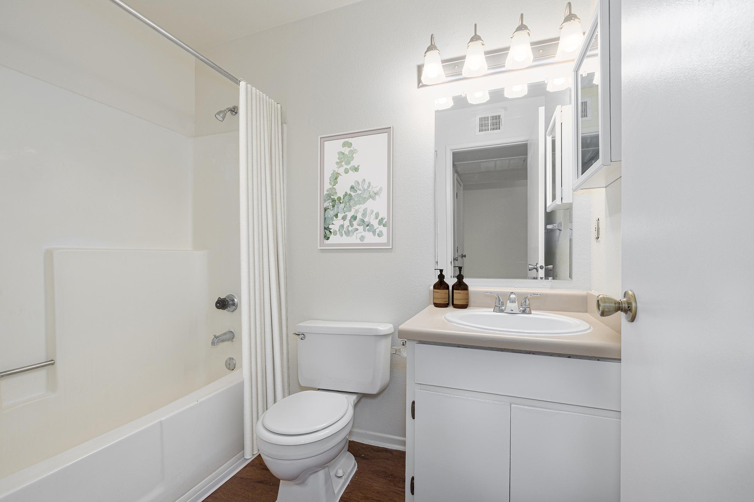 A clean and modern bathroom featuring a bathtub with a shower, a toilet, and a sink with a vanity. Soft lighting from a five-bulb fixture illuminates the space, which has neutral-colored walls and wooden flooring. A framed botanical print adds a touch of decor.