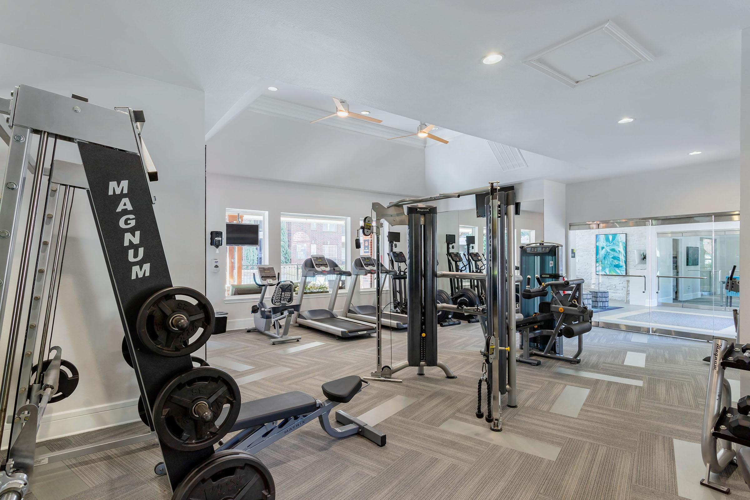 A modern gym area featuring various exercise machines, including weightlifting equipment and cardio machines. Large windows provide natural light, and the flooring is a light-colored carpet. The space is well-organized and inviting, suitable for fitness enthusiasts.
