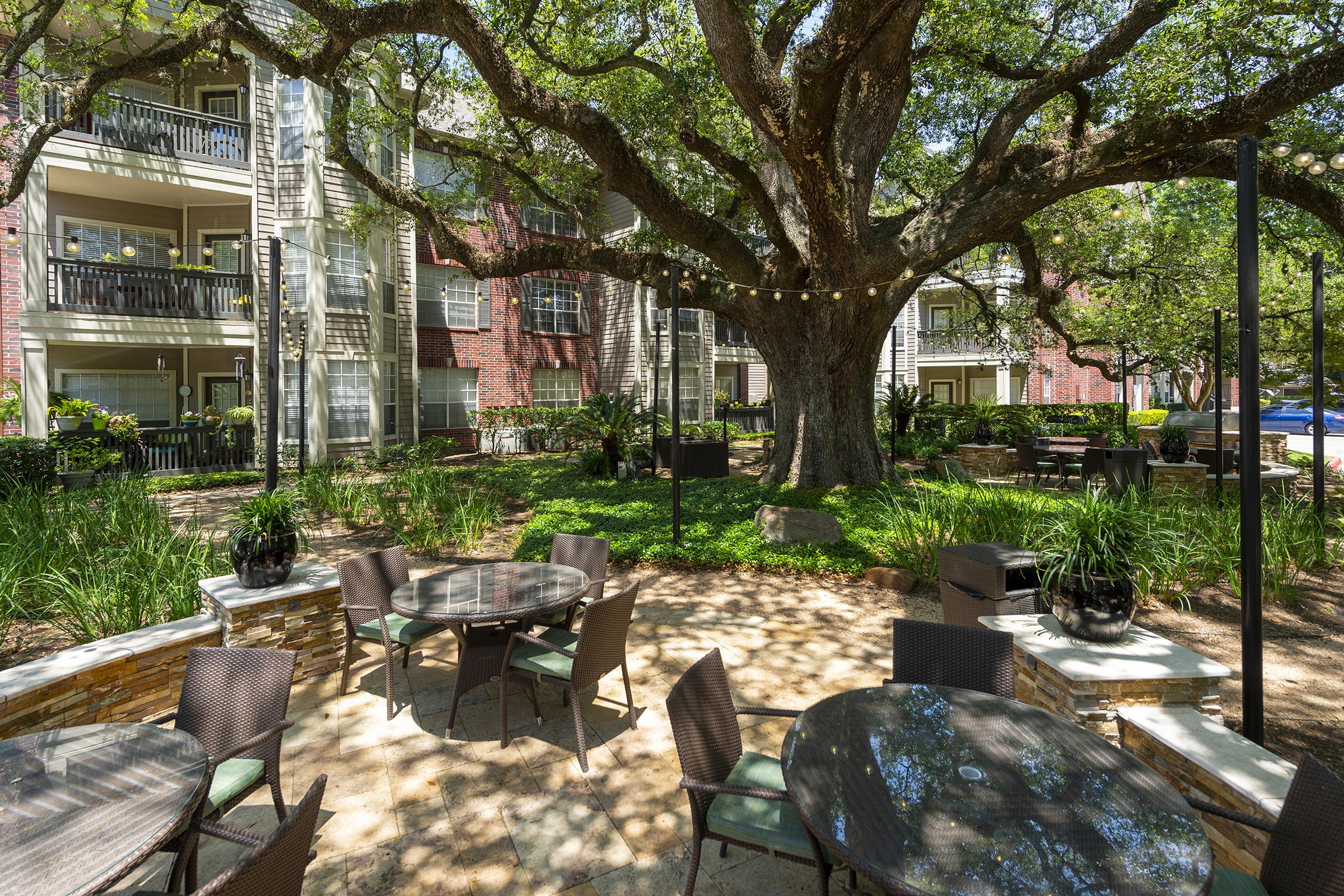 A tranquil outdoor area featuring several round tables with chairs under the shade of a large tree. The setting includes vibrant greenery, landscaped flower beds, and soft lighting, creating a welcoming atmosphere for relaxation or social gatherings. The background shows apartment balconies.