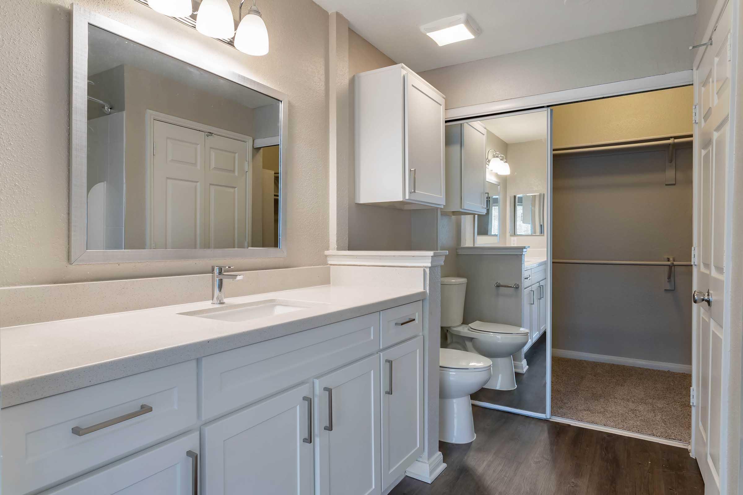 A modern bathroom featuring a large mirror above a white vanity with a sink, a toilet, and a spacious closet with sliding doors. The walls are light-colored, and the flooring is dark wood. Natural light enters through a window, creating a bright and inviting atmosphere.