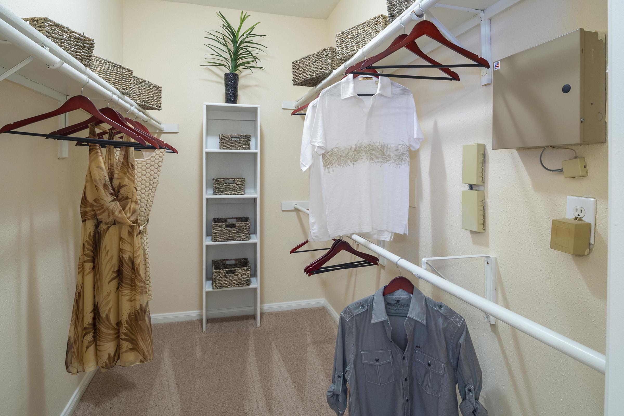 A well-organized closet featuring hanging clothes, including a dress and a casual shirt. It has shelves with woven baskets for storage and a small plant for decor. The closet is well-lit and has carpeted flooring, creating a tidy and inviting space.