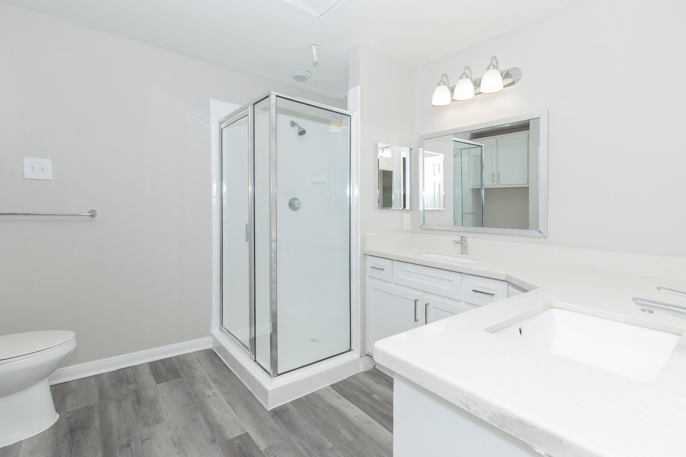 A bright, modern bathroom featuring a walk-in shower with glass doors, a white countertop with a sink, a large mirror, and light-colored walls. A toilet and grey vinyl flooring complete the spacious and contemporary design.