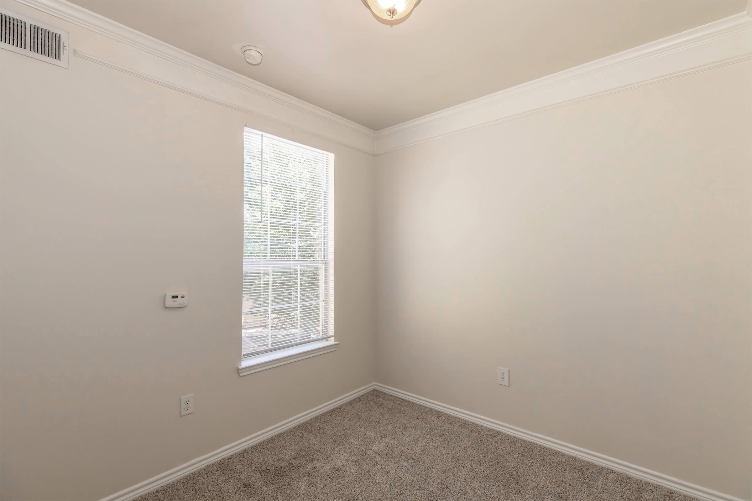 A vacant room with light beige walls and carpet. It has a window with white blinds allowing natural light in, and a light fixture on the ceiling. There is a small thermostat on the wall, and the space appears clean and minimalistic, suitable for various uses.