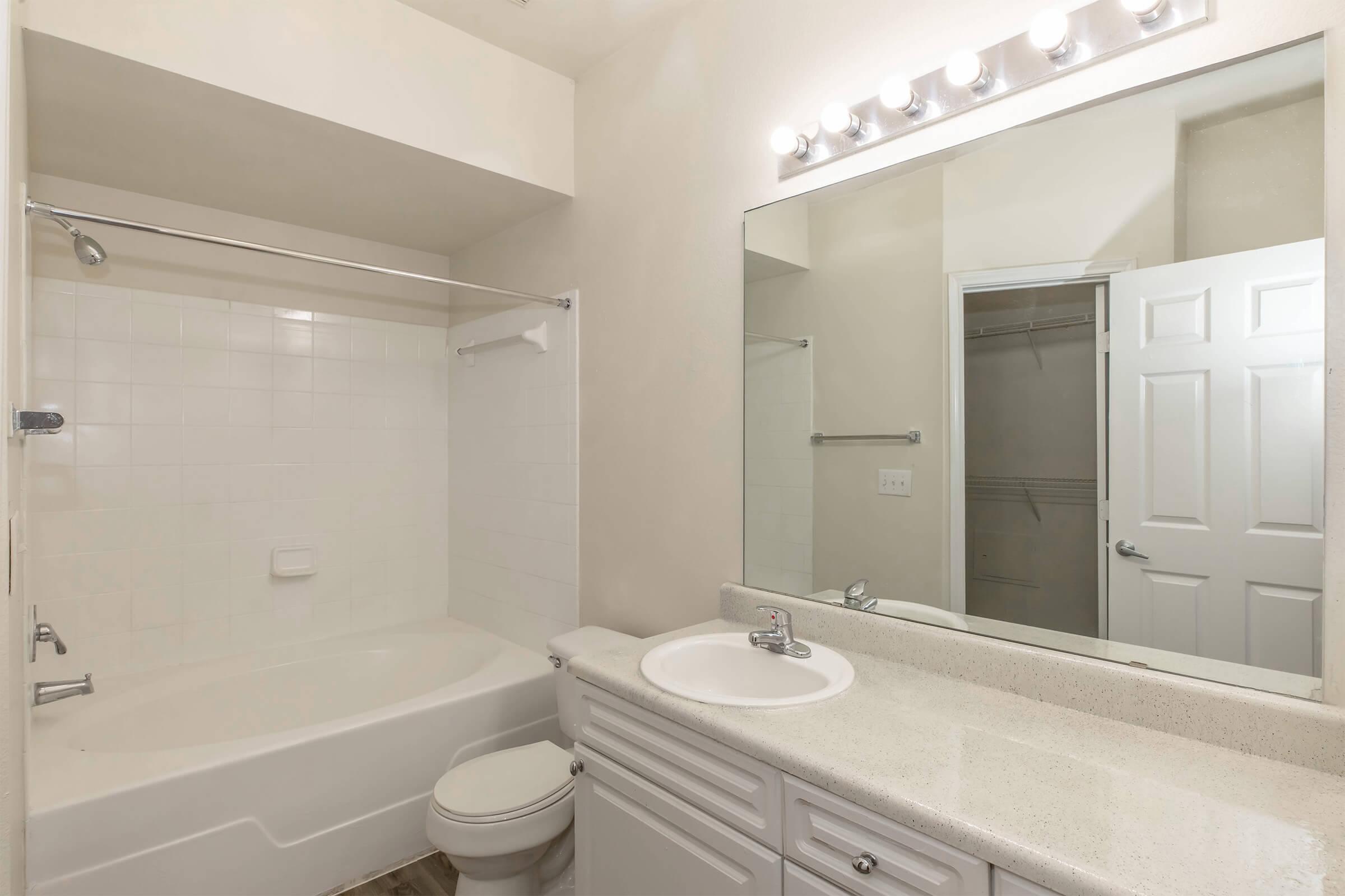 A clean, modern bathroom featuring a white bathtub with a shower, a spacious vanity with a sink, and a mirror above it. The walls are painted light, and there is a closet visible through an open door. Bright lighting from above enhances the overall brightness of the space.
